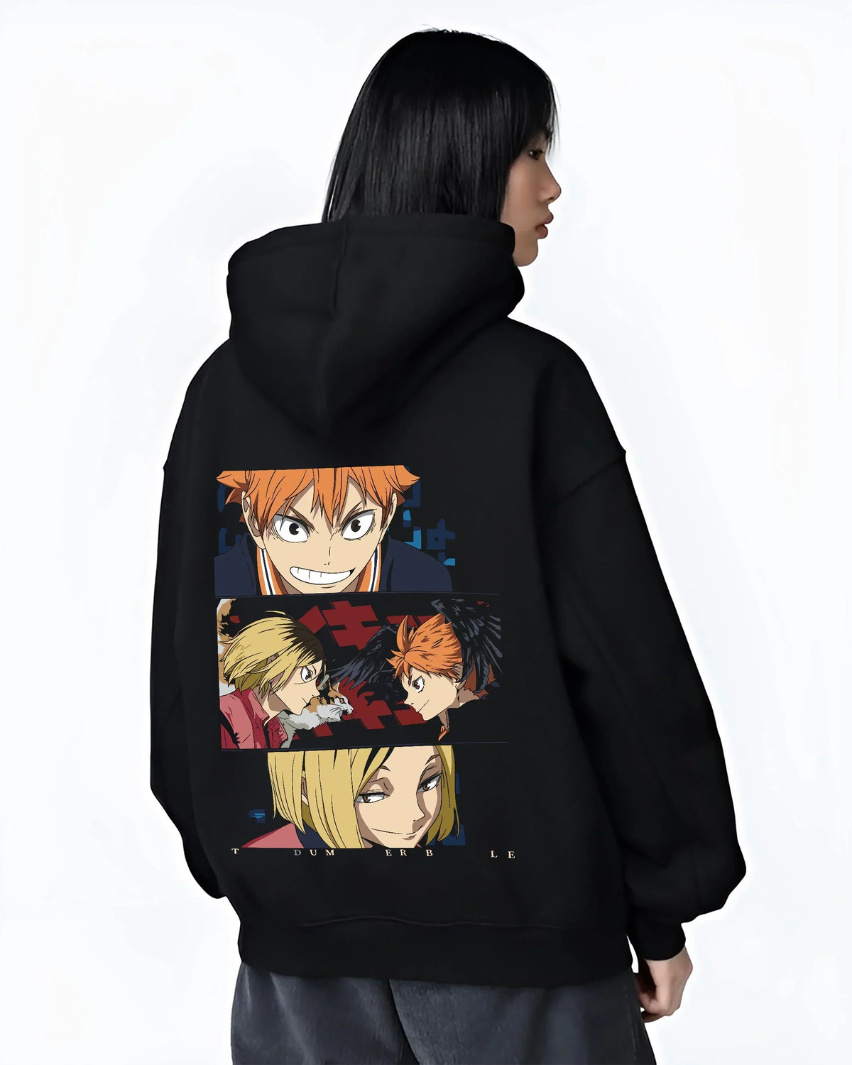 Black hoodie worn by female model, back view with Haikyuu Hoodie Shoyo Hinata Confident Look Jumper graphic bold anime graphic.