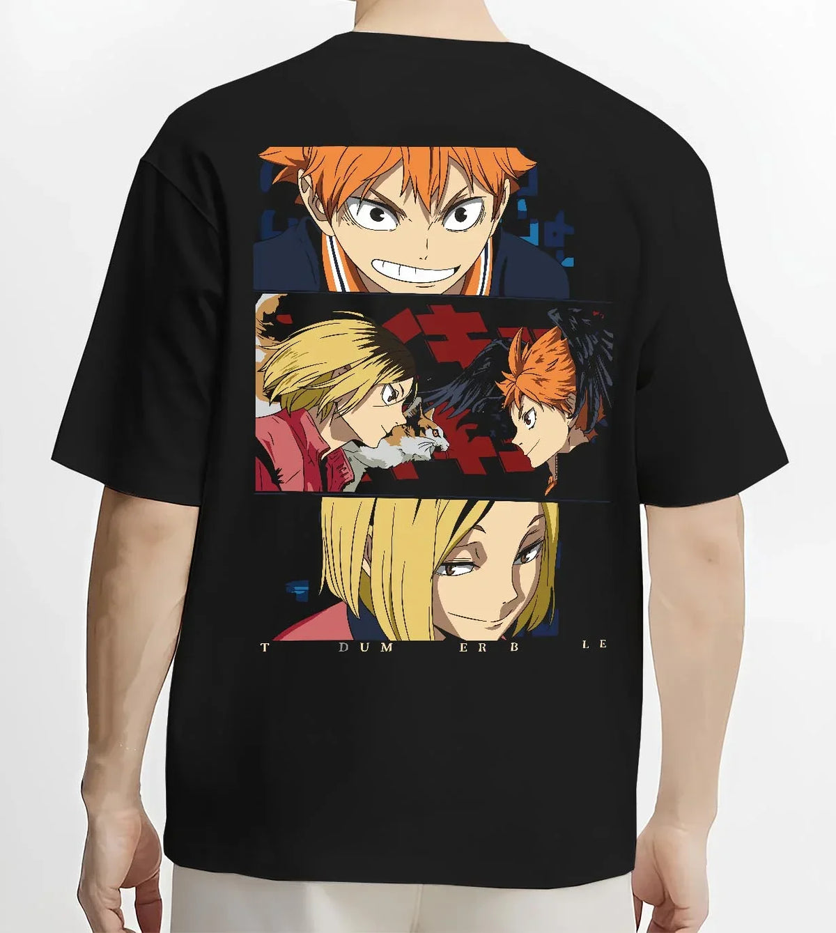 Black T-shirt worn by male model, back view with Haikyuu Hoodie Shoyo Hinata Confident Look Jumper graphic streetwear graphic.