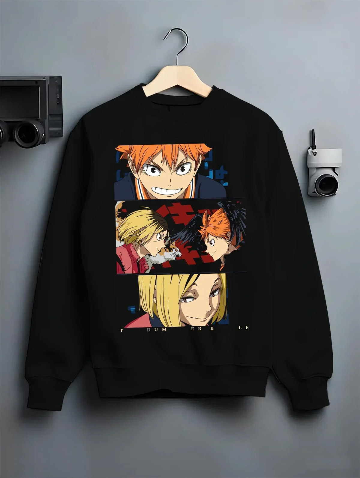 Black crewneck sweatshirt on hanger with Haikyuu Hoodie Shoyo Hinata Confident Look Jumper graphic bold anime graphic.