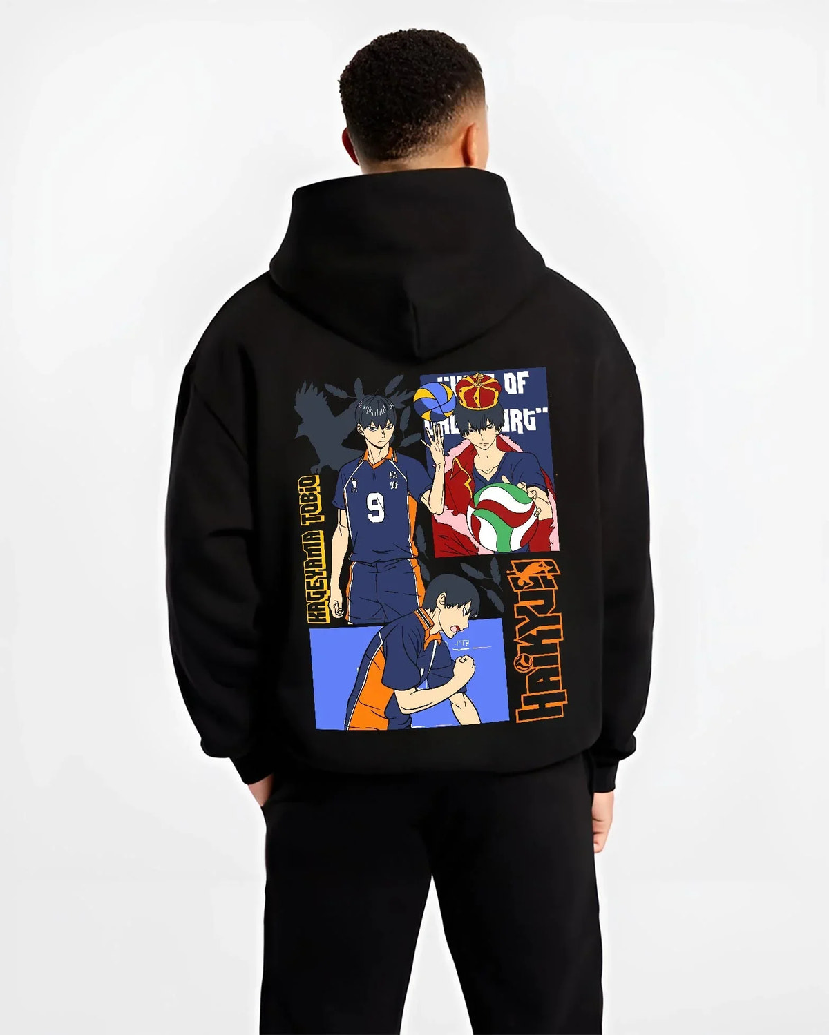 Black hoodie worn by male model, back view with Haikyuu Hoodie Tobio Kageyama Karasuno Club Jumper graphic premium wear.