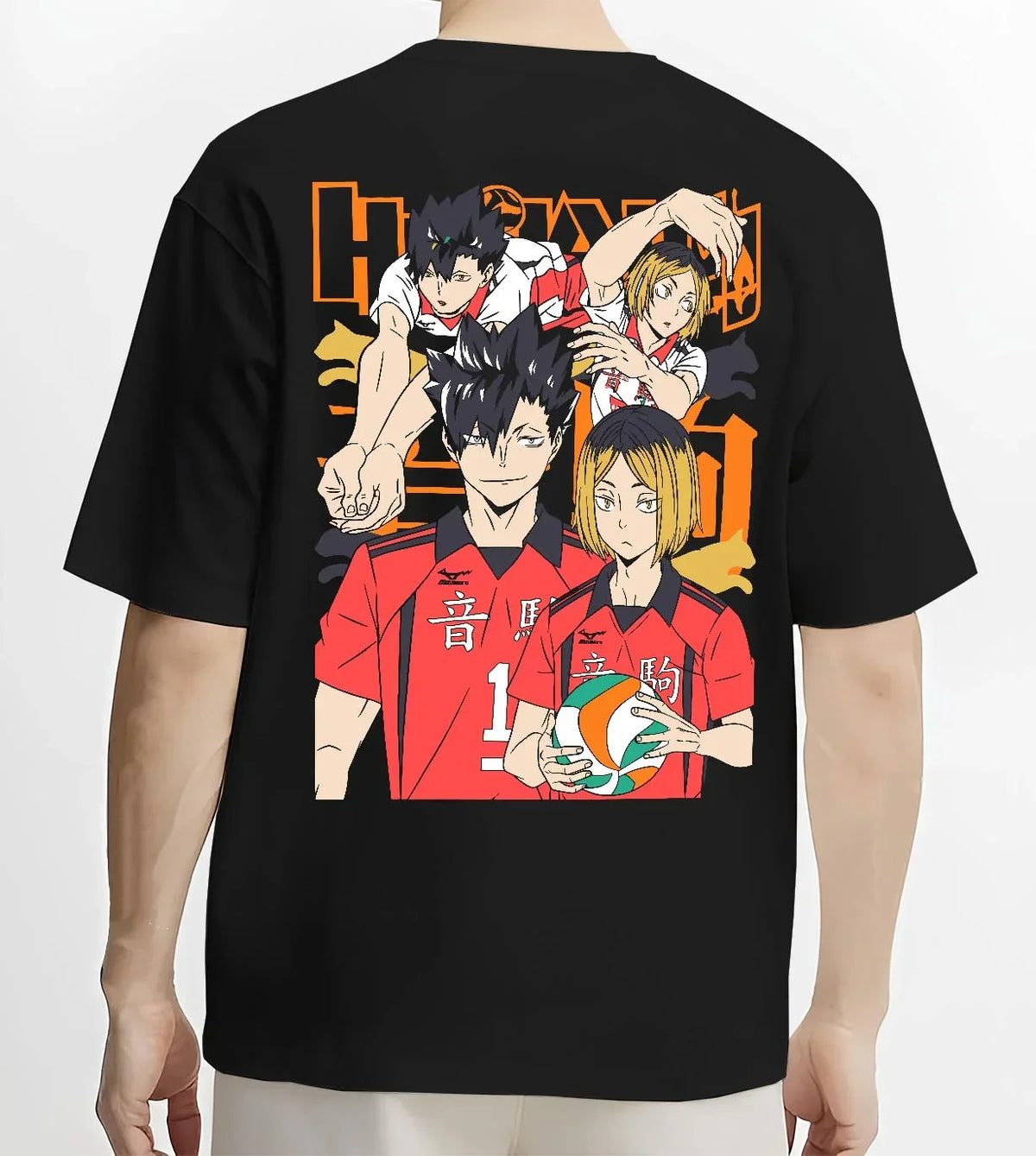 Black T-shirt worn by male model, back view with Haikyuu Hoodie Nekoma vs Karasuno Rival Jumper graphic bold anime graphic.