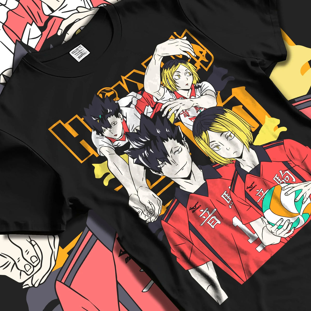 Black T-shirt laid flat with natural folds with Haikyuu Hoodie Nekoma vs Karasuno Rival Jumper graphic nan anime design.