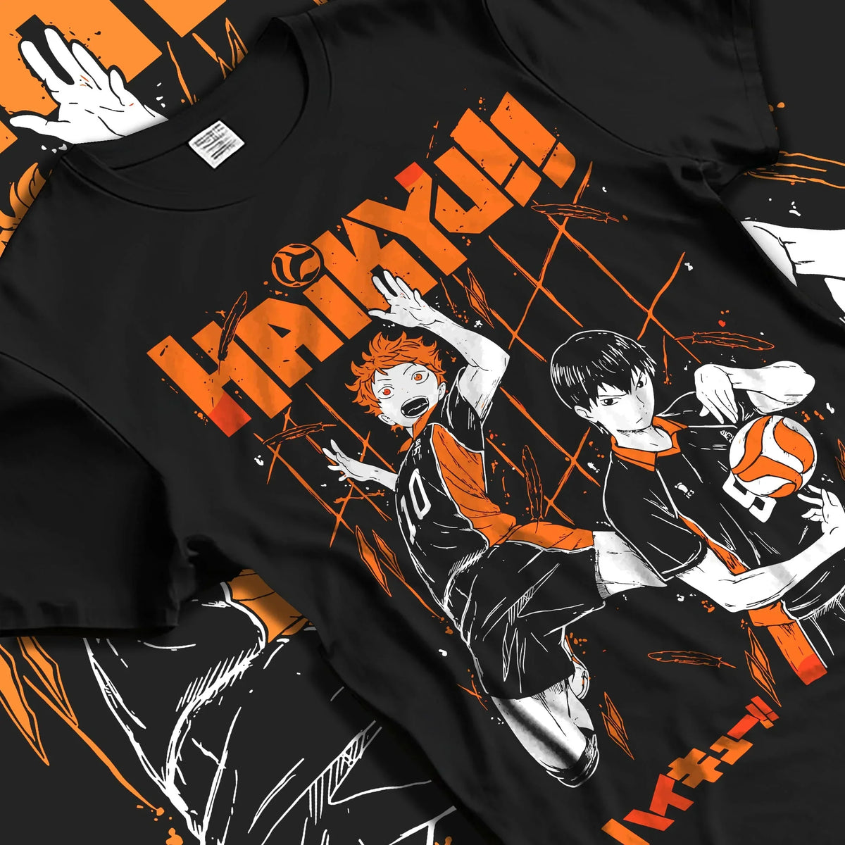 Black T-shirt laid flat with natural folds with Haikyuu Hoodie Shoyo Hinata Tobio Kageyama Jumper graphic premium wear.