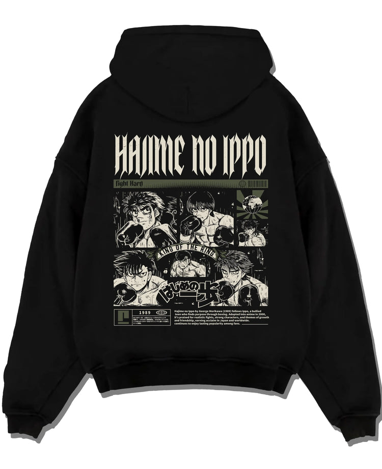 Black pullover hoodie laid flat with Hajime no Ippo Hoodie Ippo Makunouchi Boxing Power graphic bold anime graphic.