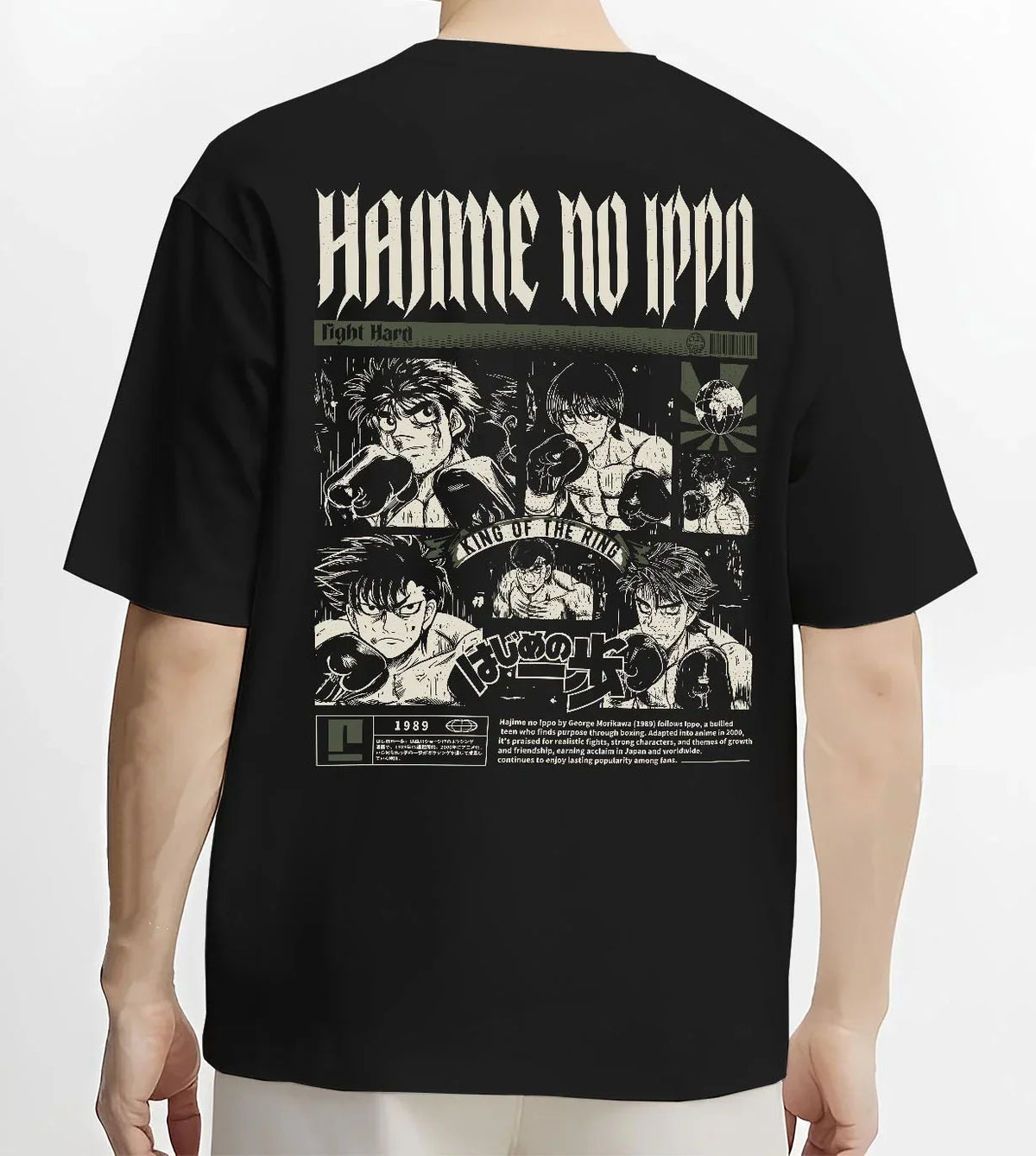 Black T-shirt worn by male model, back view with Hajime no Ippo Hoodie Ippo Makunouchi Boxing Power graphic streetwear graphic.