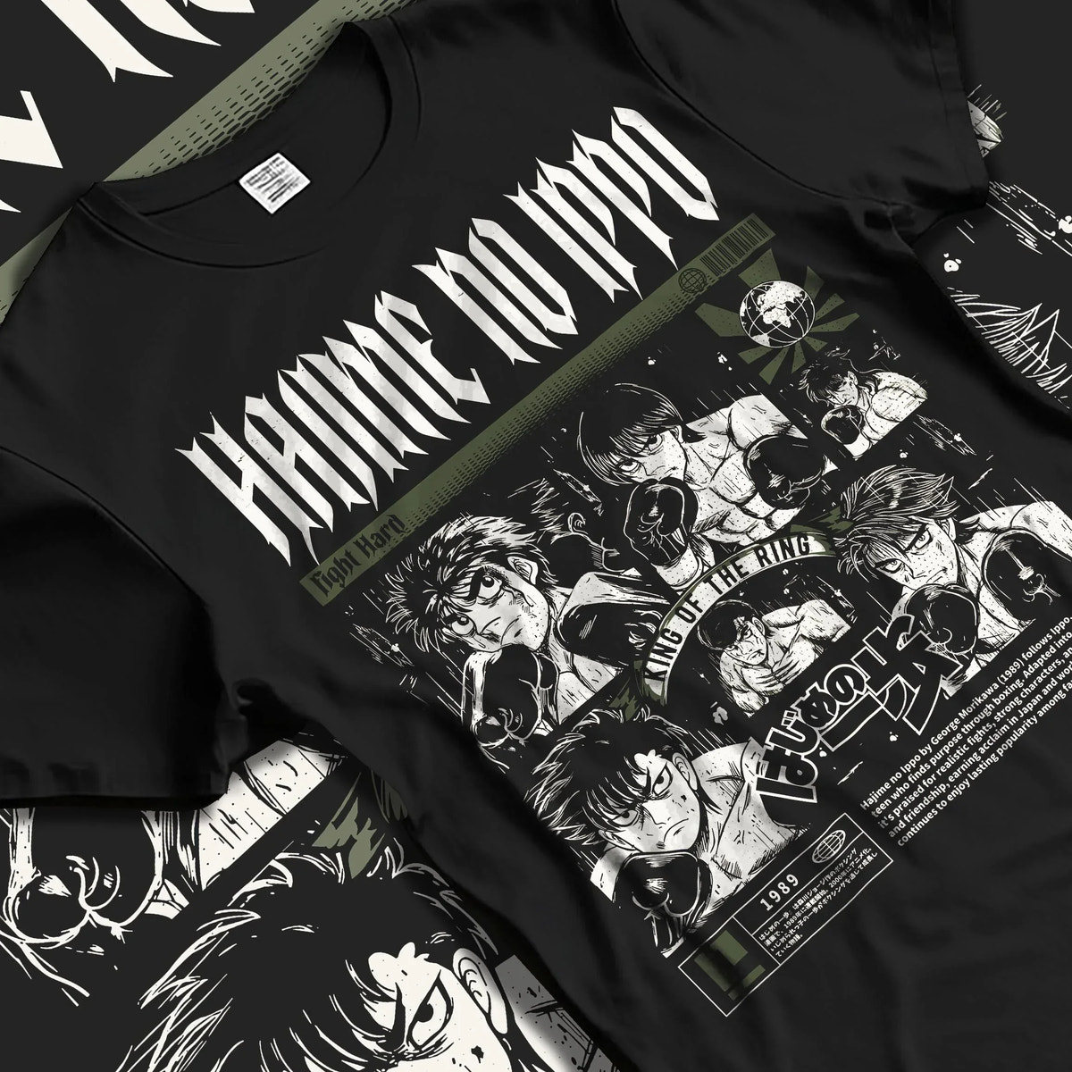 Black T-shirt laid flat with natural folds with Hajime no Ippo Hoodie Ippo Makunouchi Boxing Power graphic premium wear.