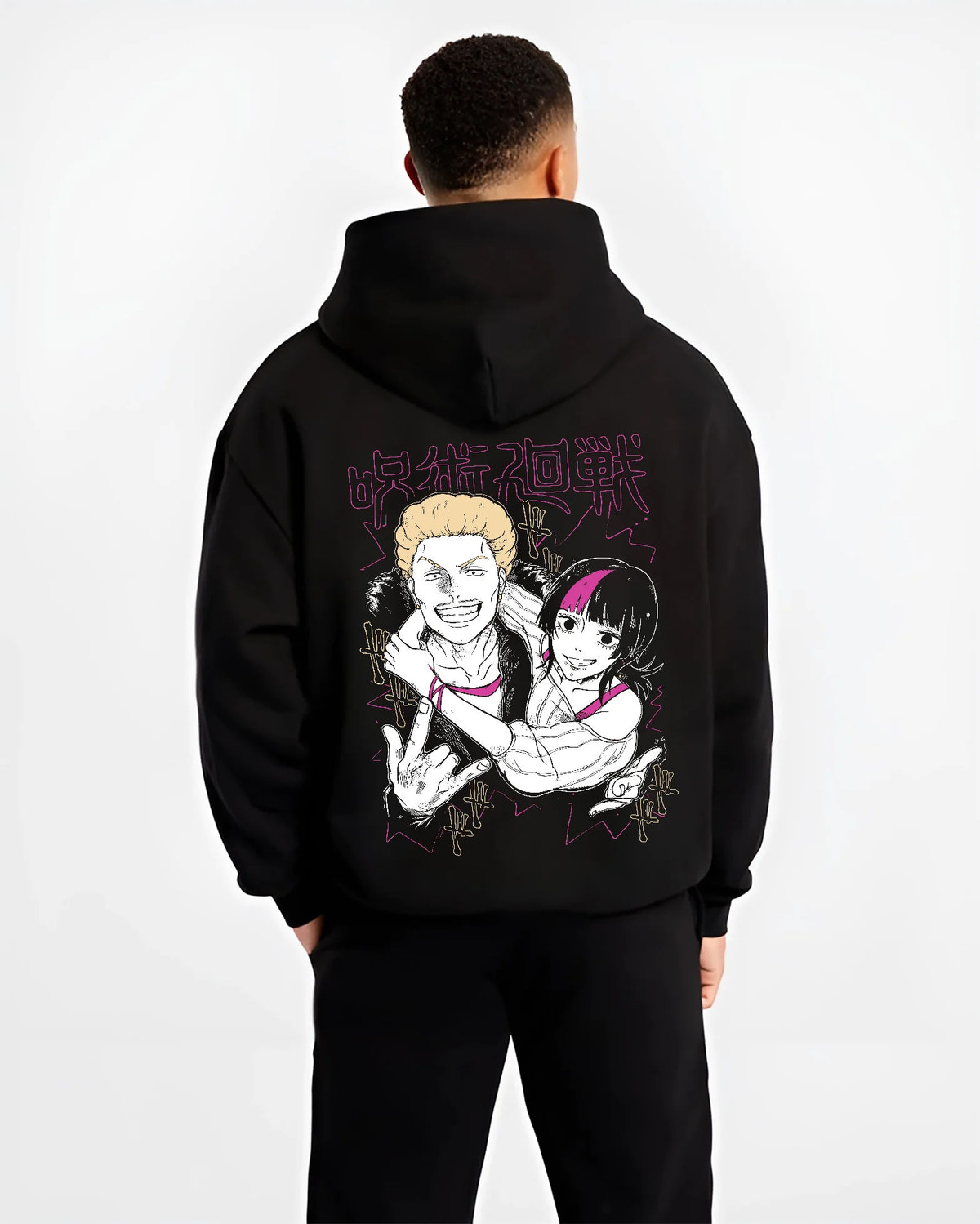 Black hoodie model back view showing Kinji Hakari and Kirara Hoshi from Jujutsu Kaisen: pair to