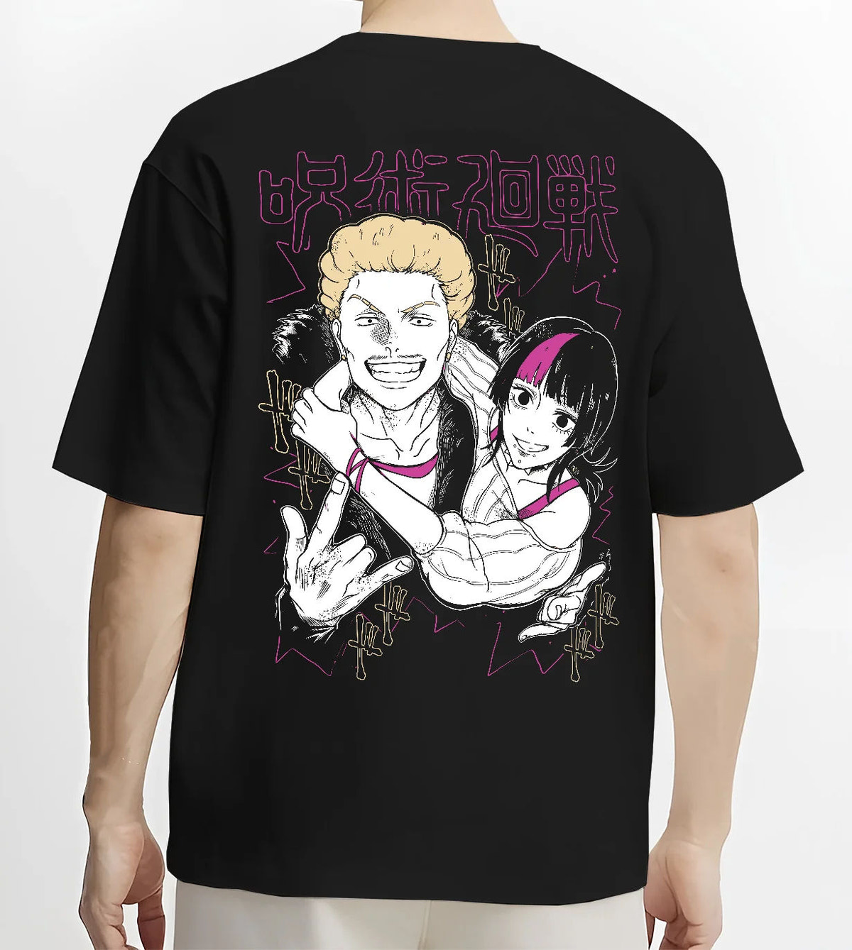 Black T-shirt model back view showing Kinji Hakari and Kirara Hoshi from Jujutsu Kaisen: pair to