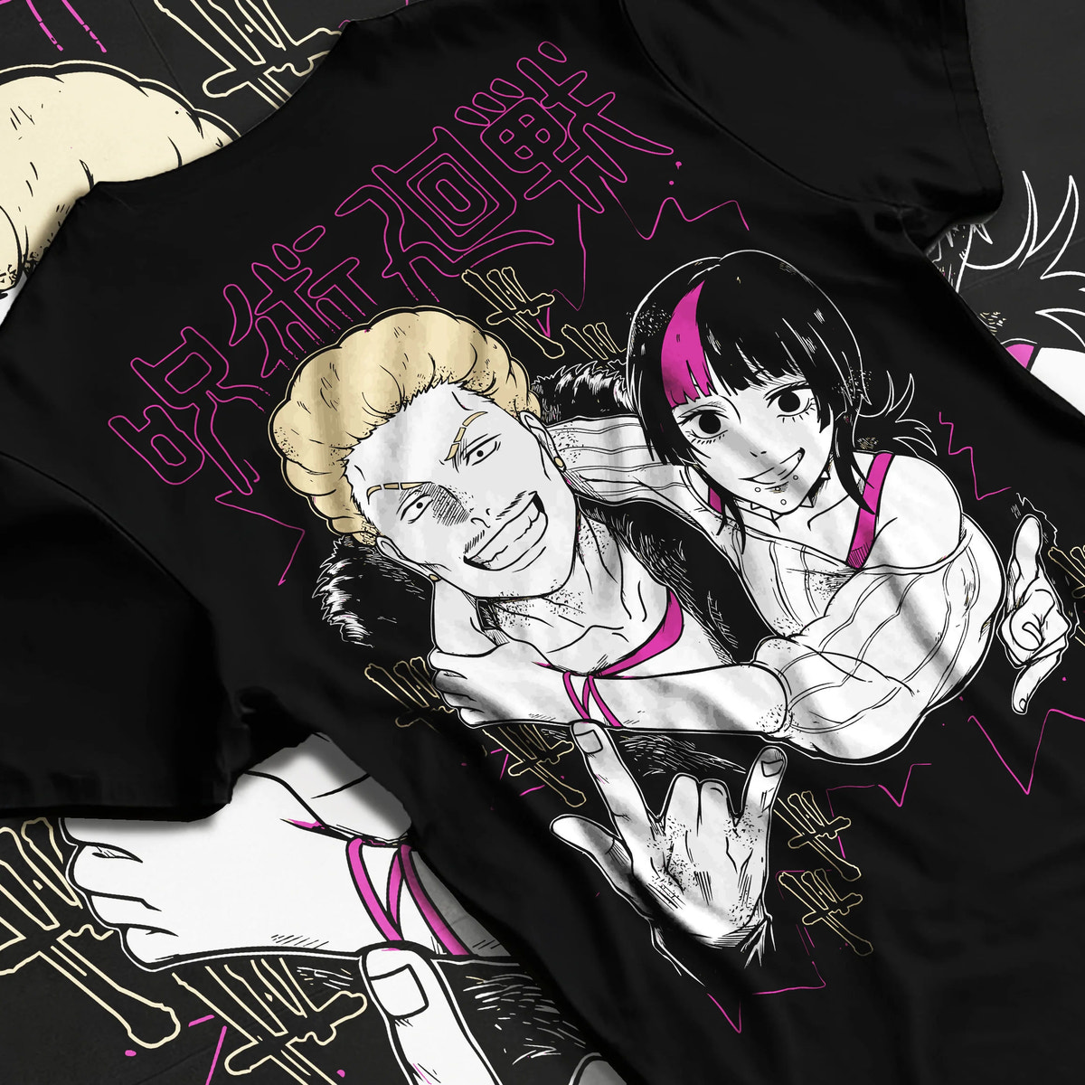 Black T-shirt flat back view showing Kinji Hakari and Kirara Hoshi from Jujutsu Kaisen: pair to