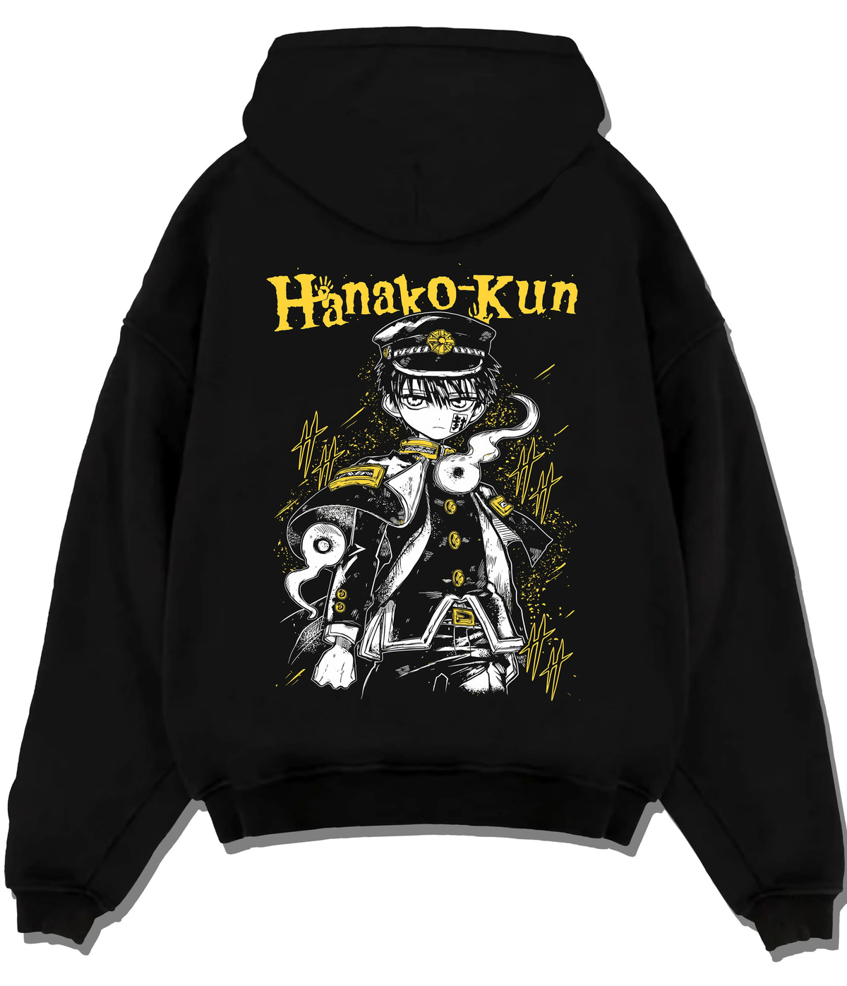 Black hoodie flat back view showing Hanako-kun from Toilet-Bound Hanako-kun: black-and-gold school uniform portrait