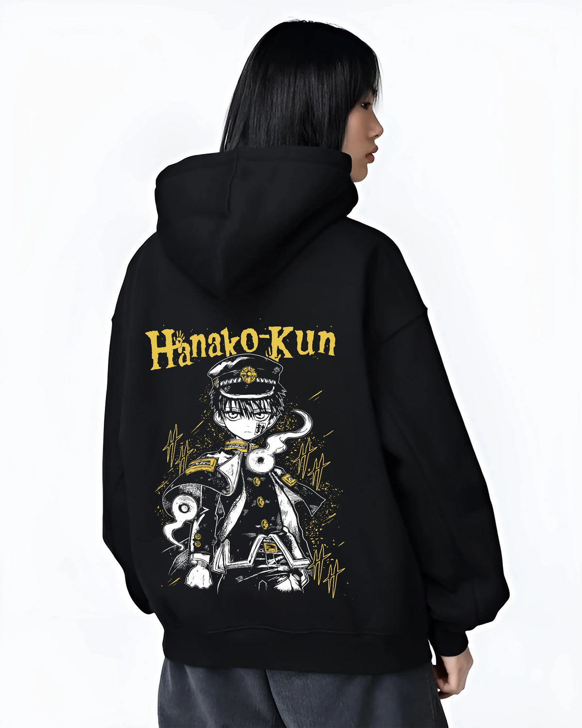 Black hoodie female model back view showing Hanako-kun from Toilet-Bound Hanako-kun: black-and-gold school uniform portrait