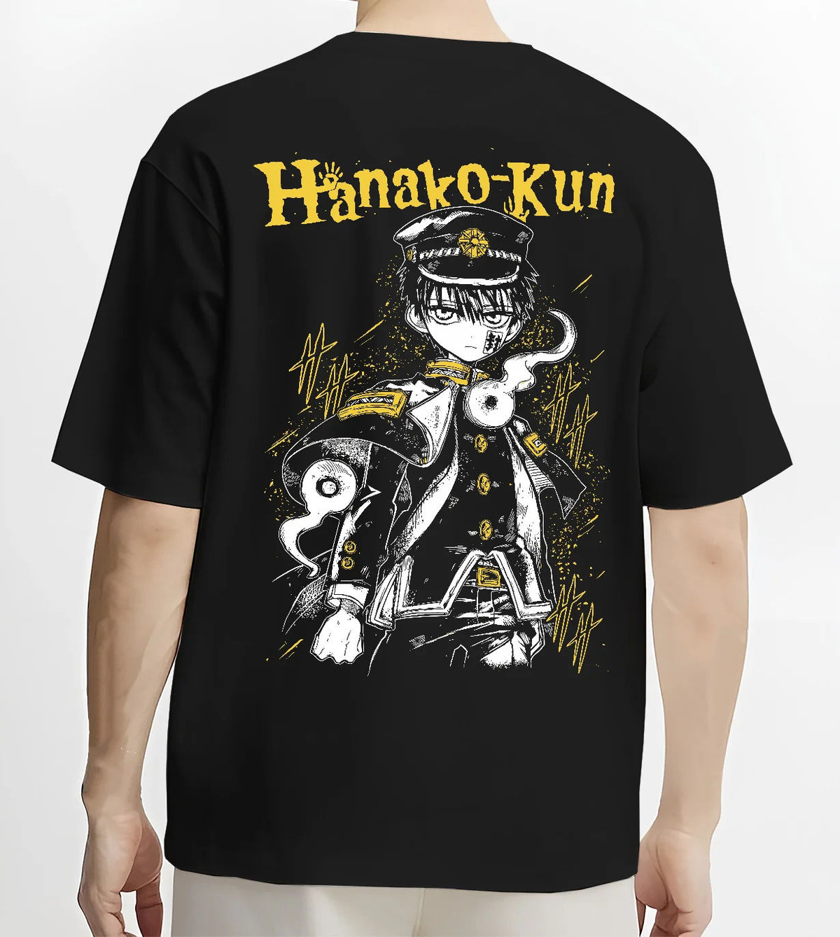 Black T-shirt model back view showing Hanako-kun from Toilet-Bound Hanako-kun: black-and-gold school uniform portrait