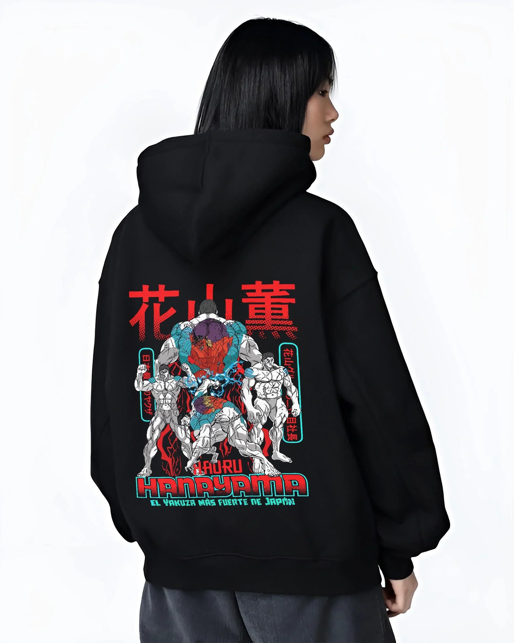 Black hoodie worn by female model, back view with Kengan Ashura Hoodie Kaoru Hanayama Power Jumper graphic premium wear.