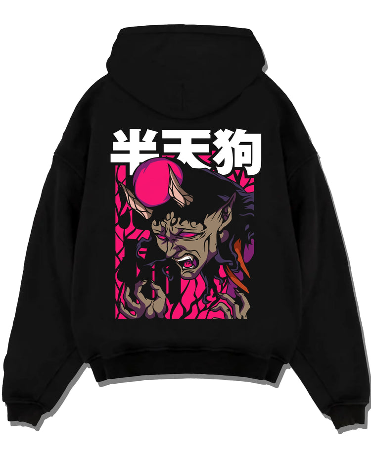 Black pullover hoodie laid flat featuring Hannya demon anime poster inspired design with bold retro manga graphic and Japanese streetwear aesthetic.