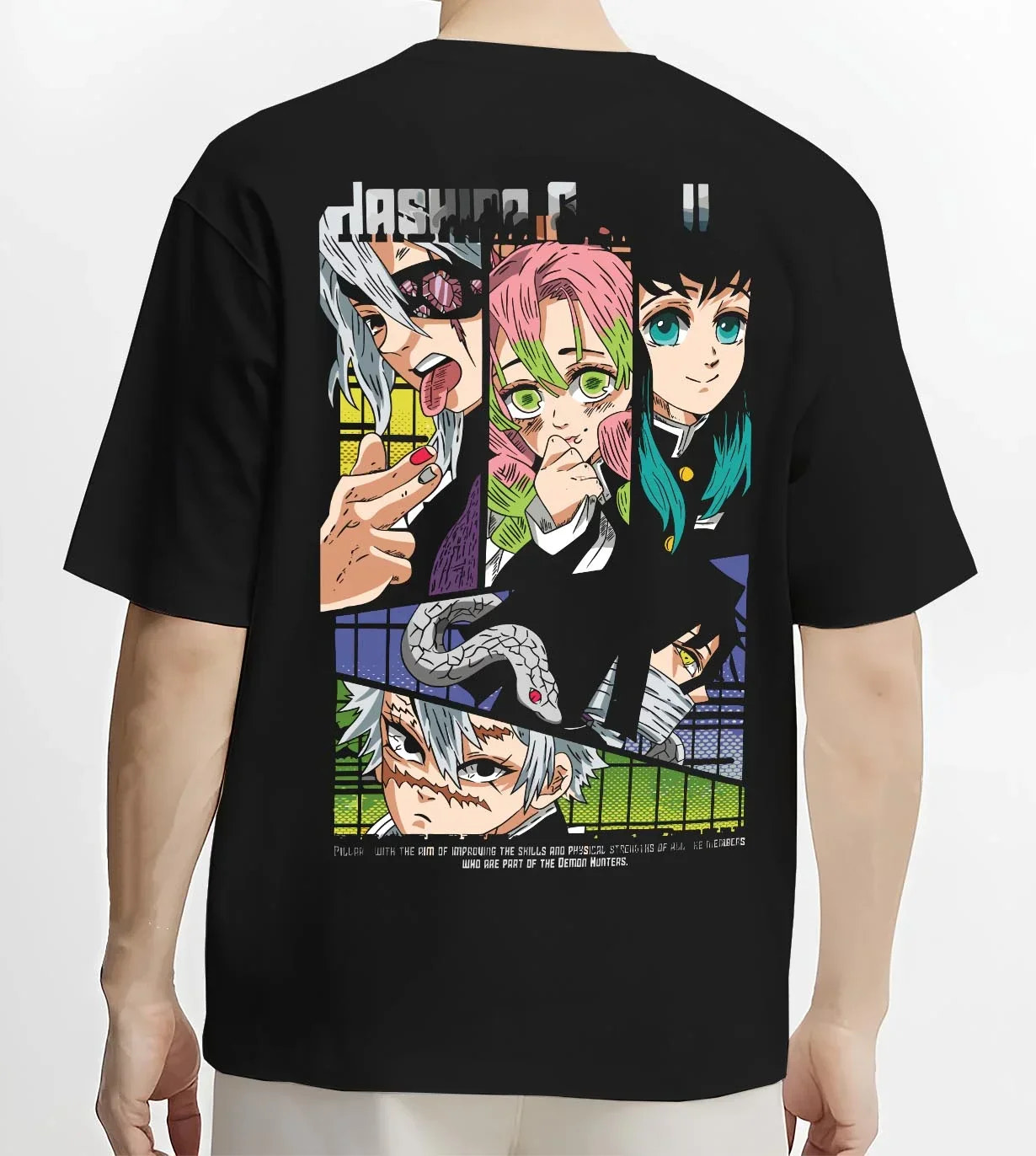 Black T-shirt worn by male model, back view with Demon Slayer Hoodie Hashira Corps Group Jumper graphic premium wear.