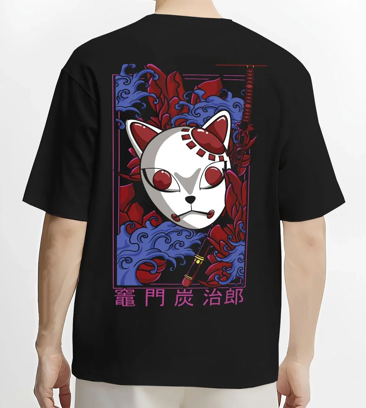 Black T-shirt worn by male model, back view with Demon Slayer Hoodie Hashira Training Group Roster graphic bold anime graphic.