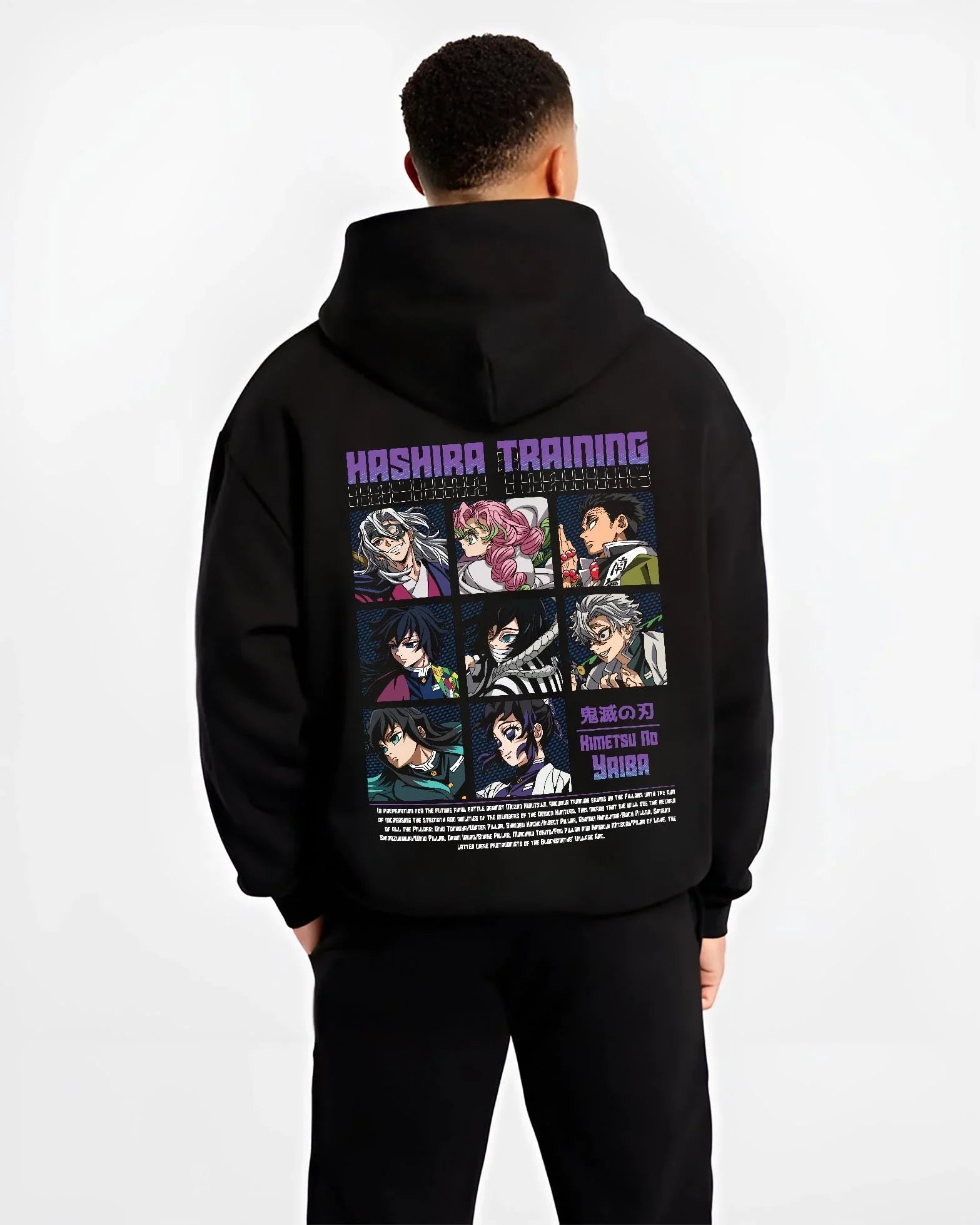 Black hoodie worn by male model, back view with Demon Slayer Hoodie Hashira Training Corps Poster graphic bold anime graphic.