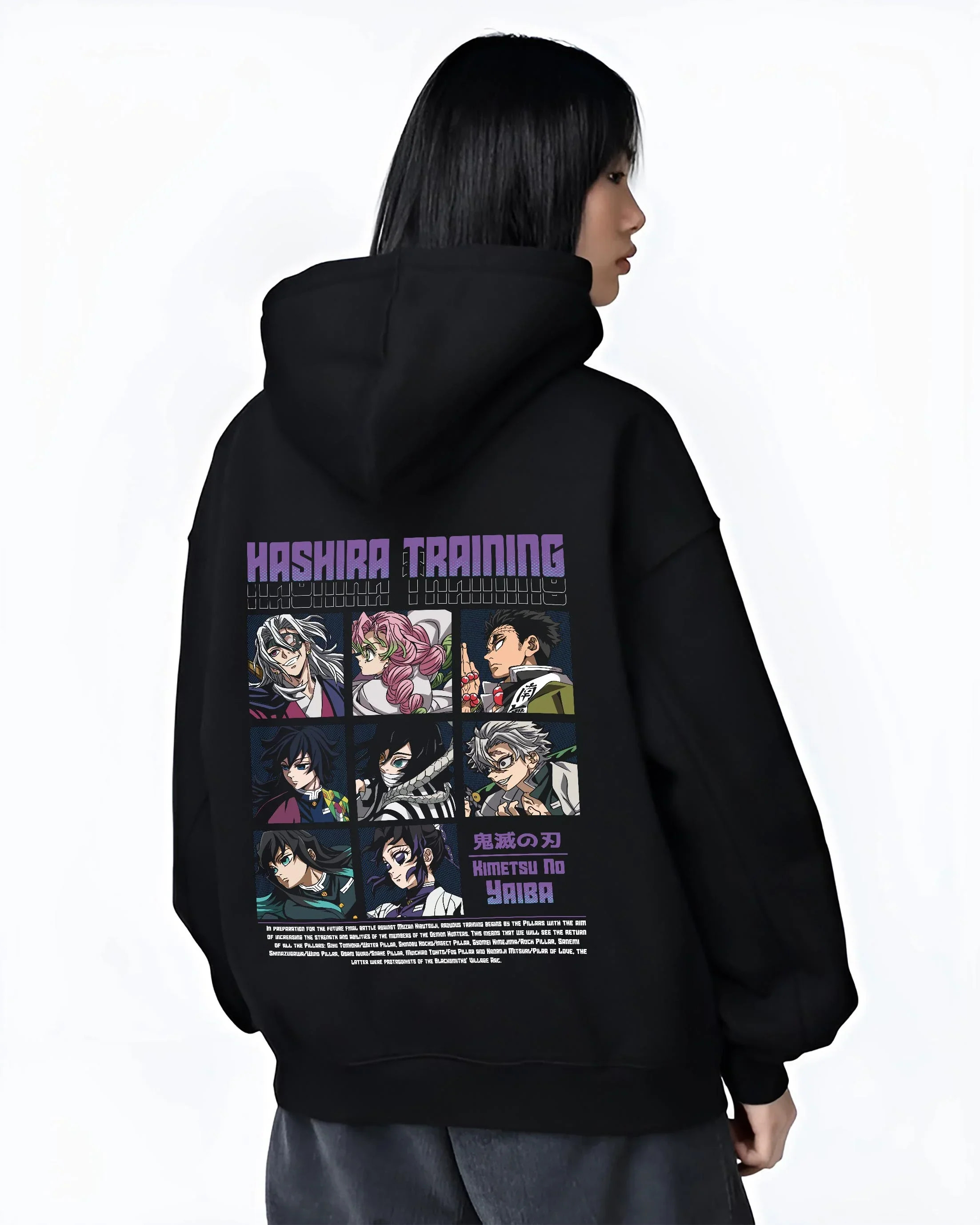 Black hoodie worn by female model, back view with Demon Slayer Hoodie Hashira Training Corps Poster graphic nan anime design.