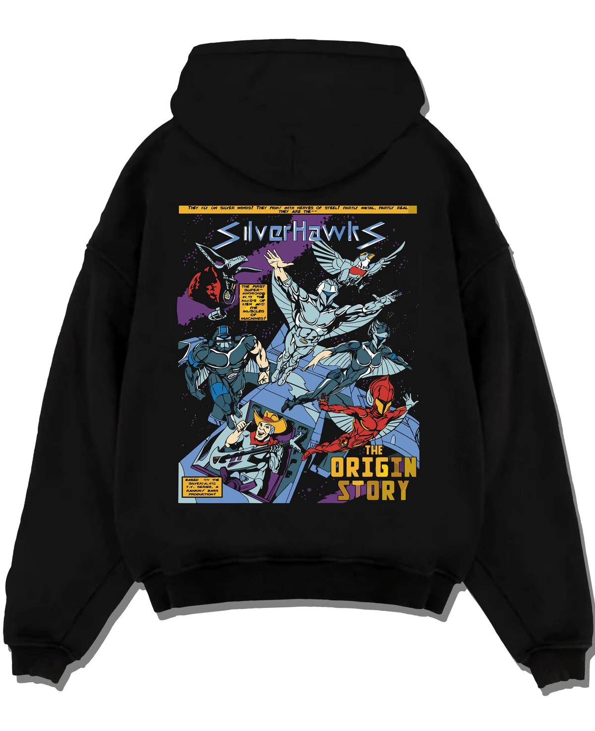 Black hoodie laid flat featuring SilverHawks origin story team artwork.