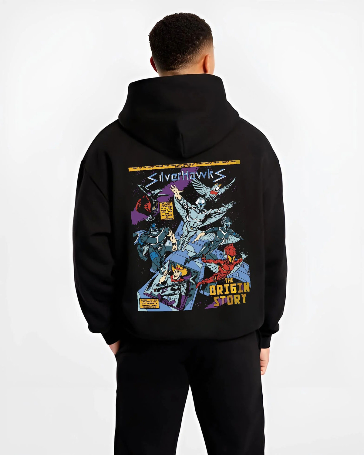 Black hoodie worn by male model from the back featuring SilverHawks origin story team artwork.