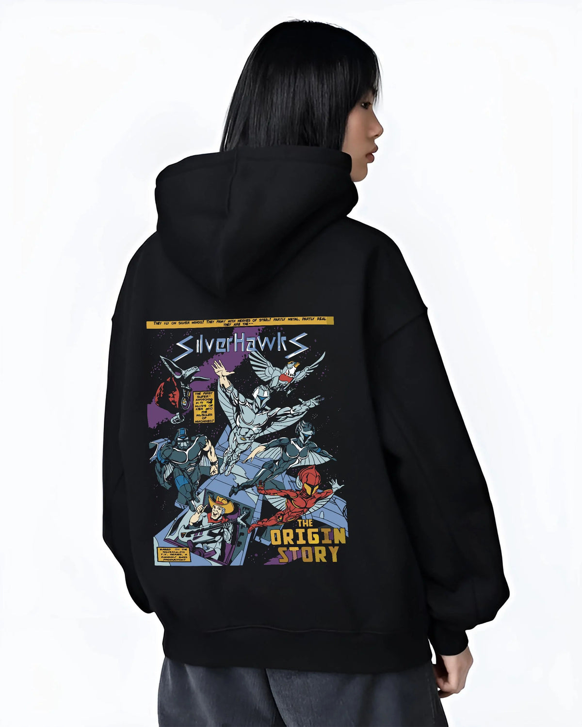 Black hoodie worn by female model from the back featuring SilverHawks origin story team artwork.