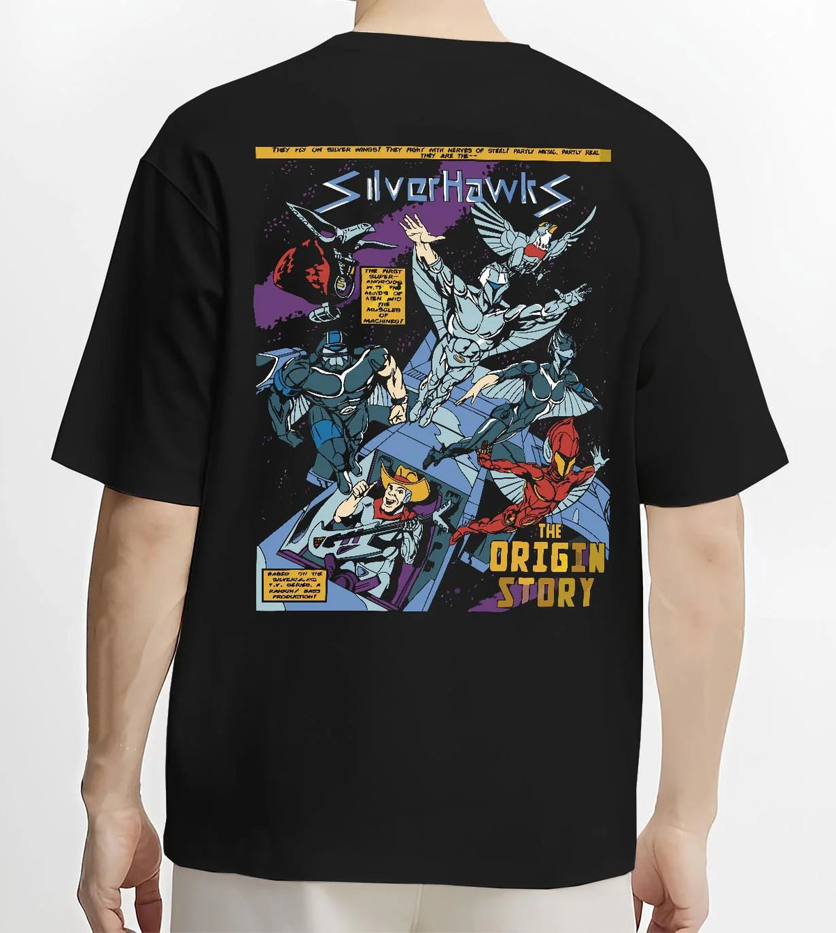 Black T-shirt worn by male model from the back featuring SilverHawks origin story team artwork.