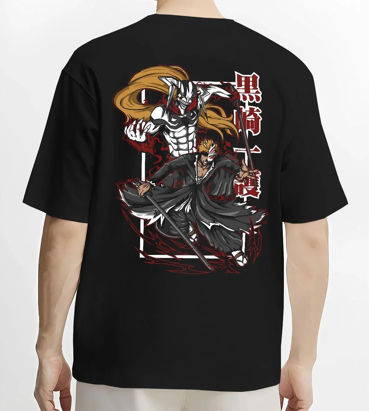 Black T-shirt worn by male model, back view with Bleach Hoodie Espada Grimmjow Fierce Panther Rage graphic bold anime graphic.