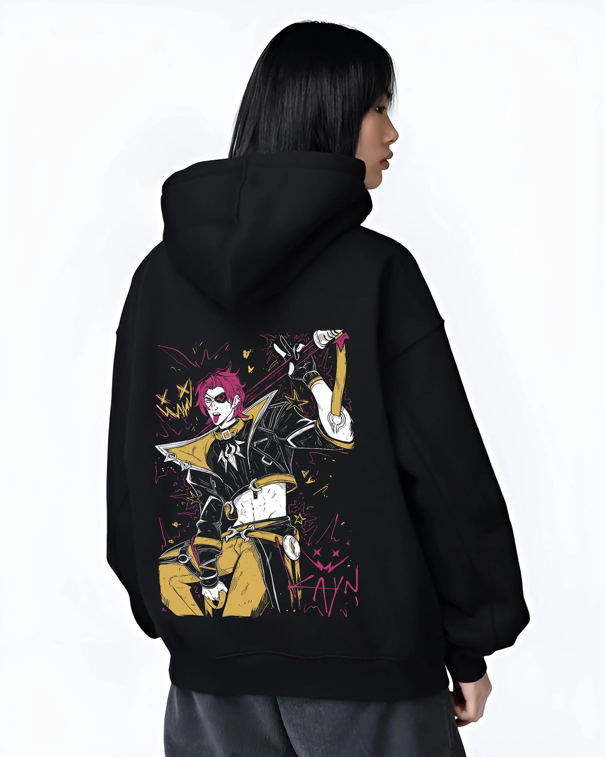 Black hoodie female model back view showing HEARTSTEEL Kayn from League of Legends: League of Legends music skin