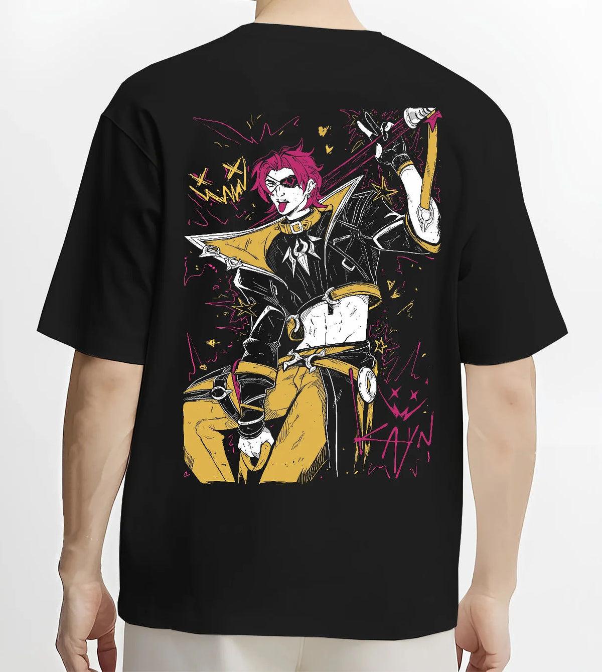 Black T-shirt model back view showing HEARTSTEEL Kayn from League of Legends: League of Legends music skin
