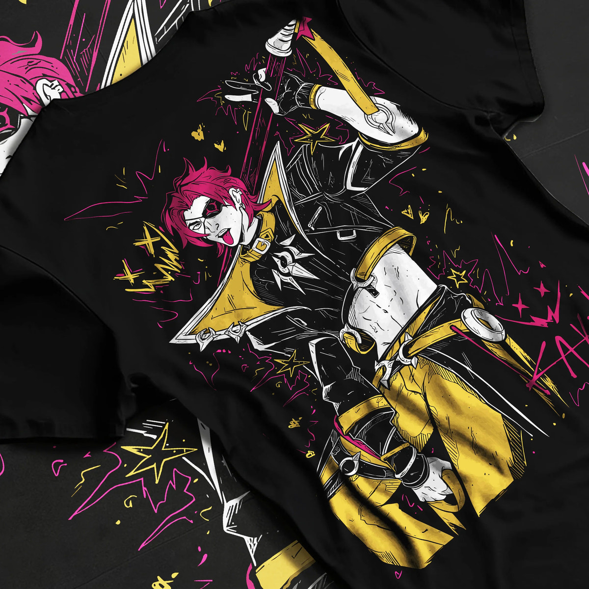 Black T-shirt flat back view showing HEARTSTEEL Kayn from League of Legends: League of Legends music skin