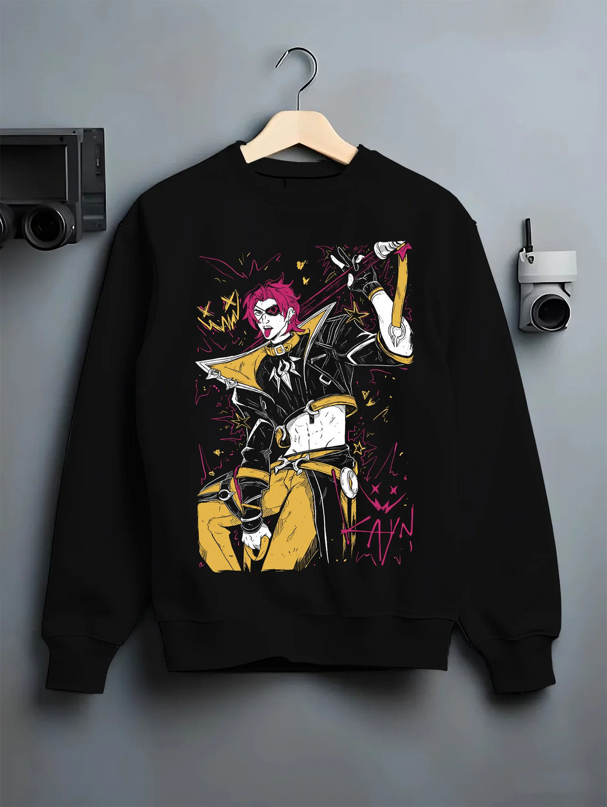 Black crewneck sweatshirt on hanger showing HEARTSTEEL Kayn from League of Legends: League of Legends music skin