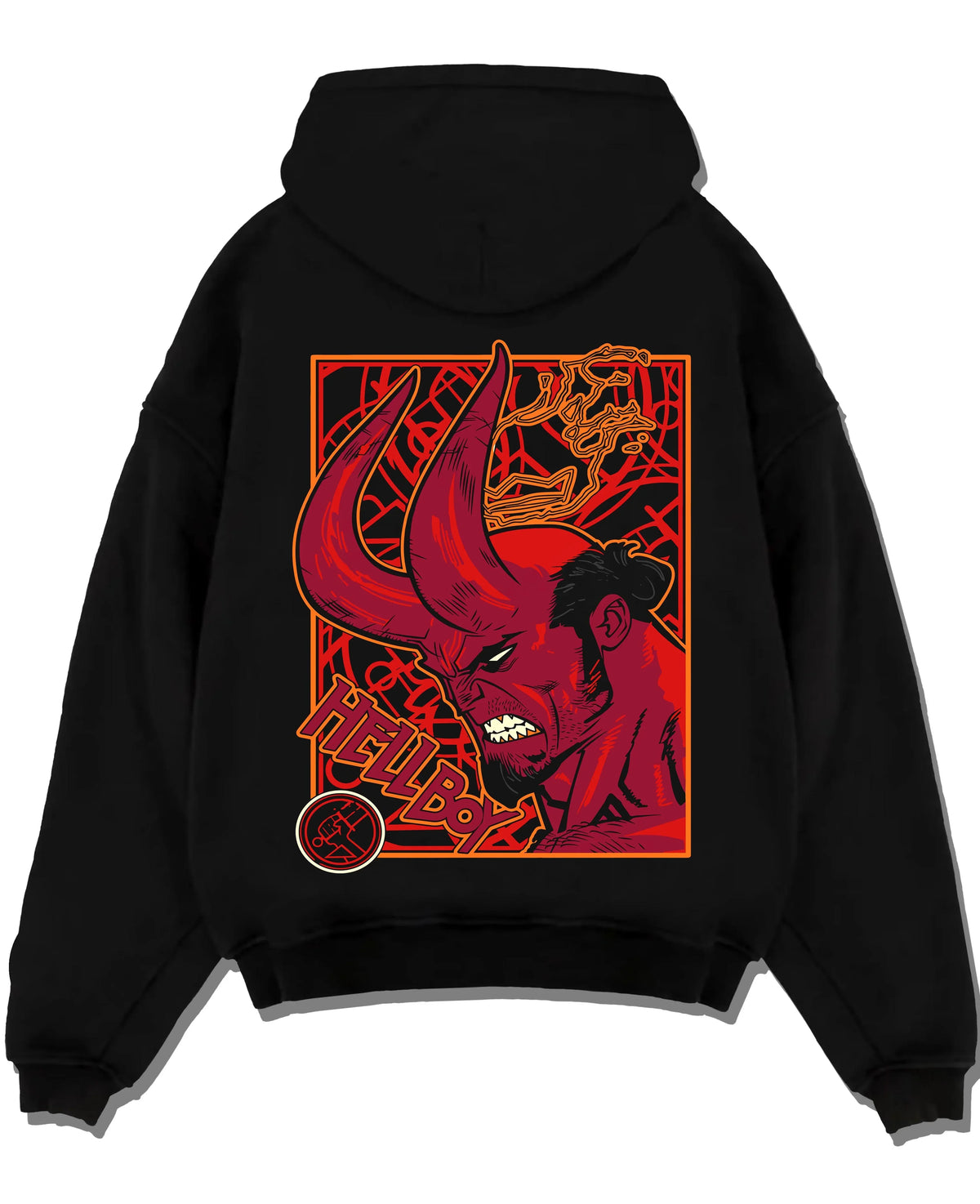 Black pullover hoodie laid flat with Hellboy Hoodie Classic Comic Dark Hero Jumper graphic premium wear.