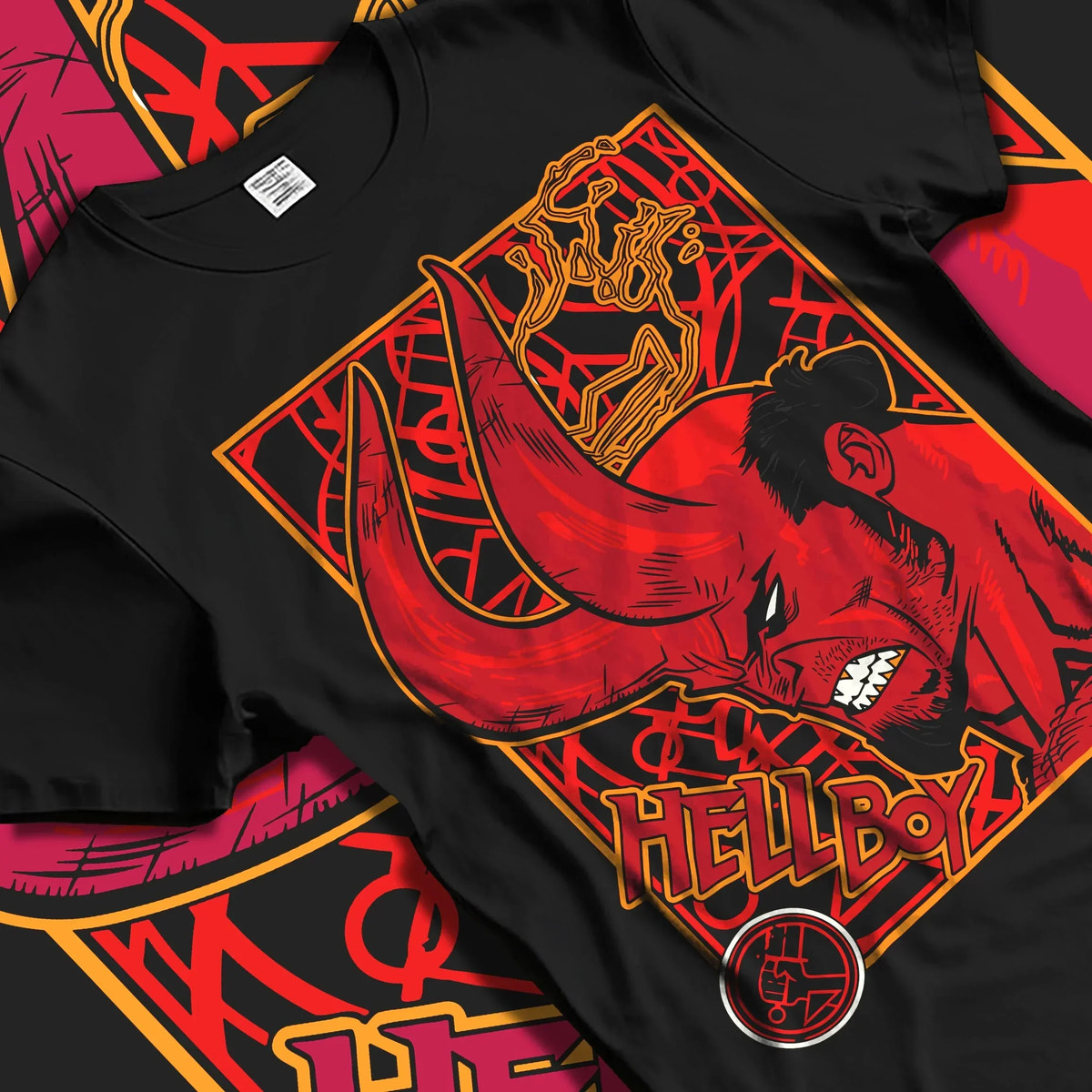 Black T-shirt laid flat with natural folds with Hellboy Hoodie Classic Comic Dark Hero Jumper graphic premium wear.