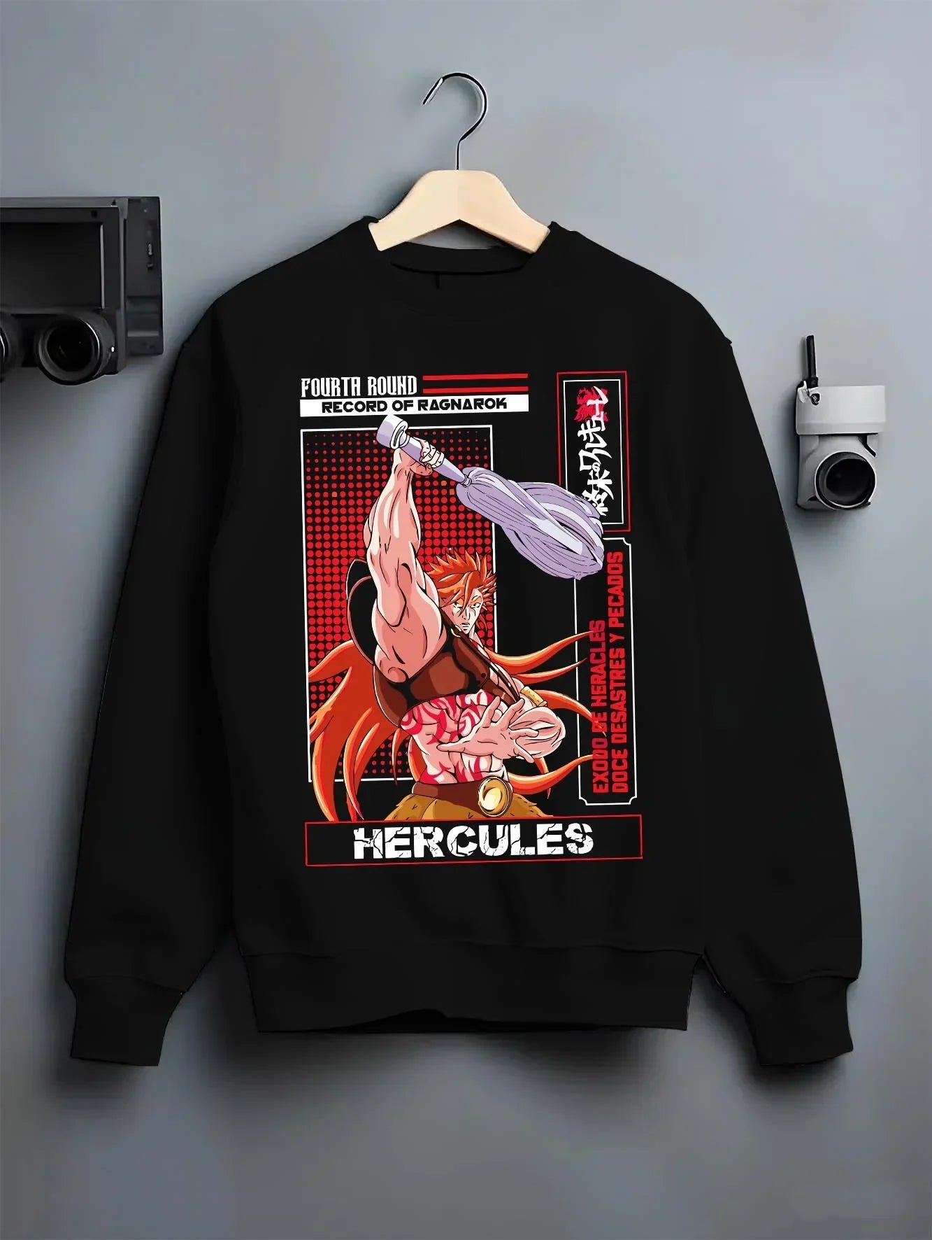 Black crewneck sweatshirt on hanger with Record of Ragnarok Hoodie Hercules Strong Hero Jumper graphic streetwear graphic.