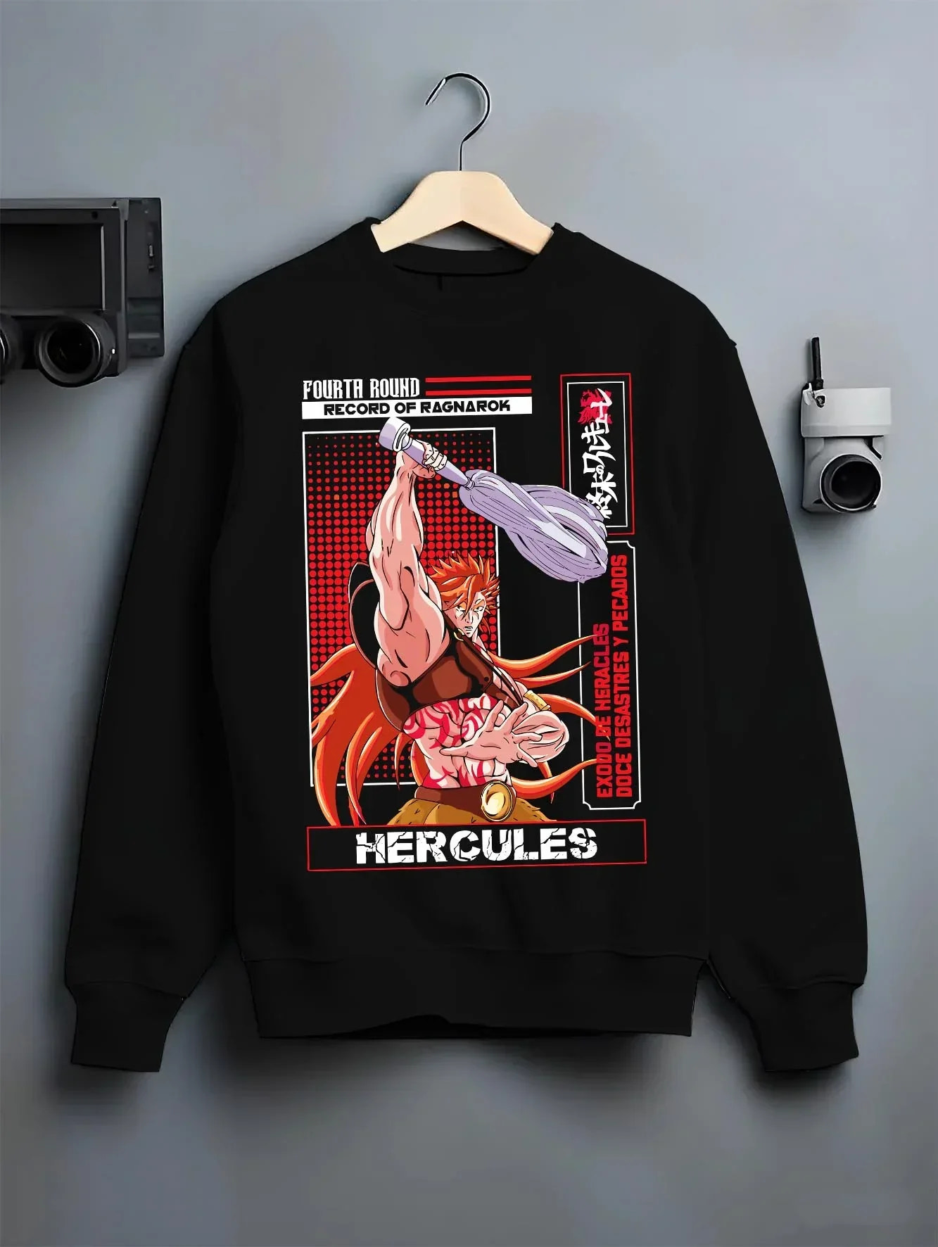 Black crewneck sweatshirt on hanger with Record of Ragnarok Hoodie Hercules Strong Hero Jumper graphic streetwear graphic.