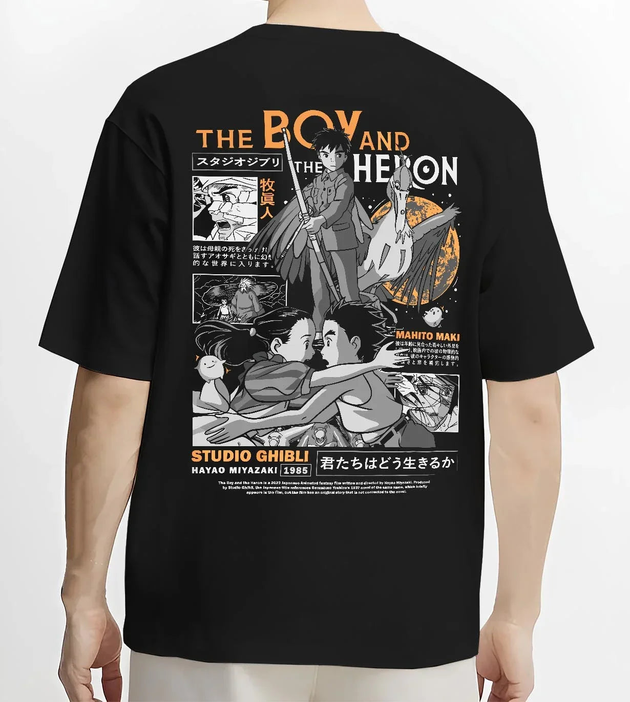 Black T-shirt worn by male model, back view with The Boy And The Heron Hoodie Studio Ghibli Cover graphic premium wear.