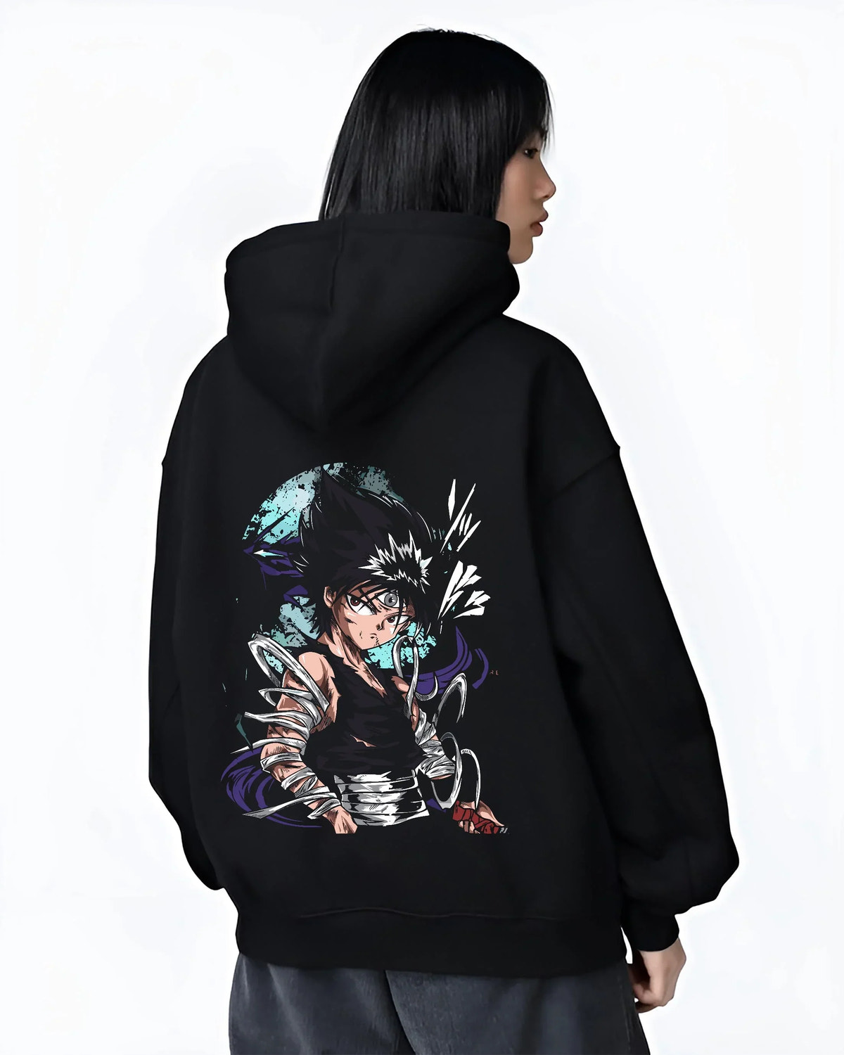 Black hoodie worn by female model, back view with Yu Yu Hakusho Hoodie Hiei Dark Dragon Jumper graphic streetwear graphic.