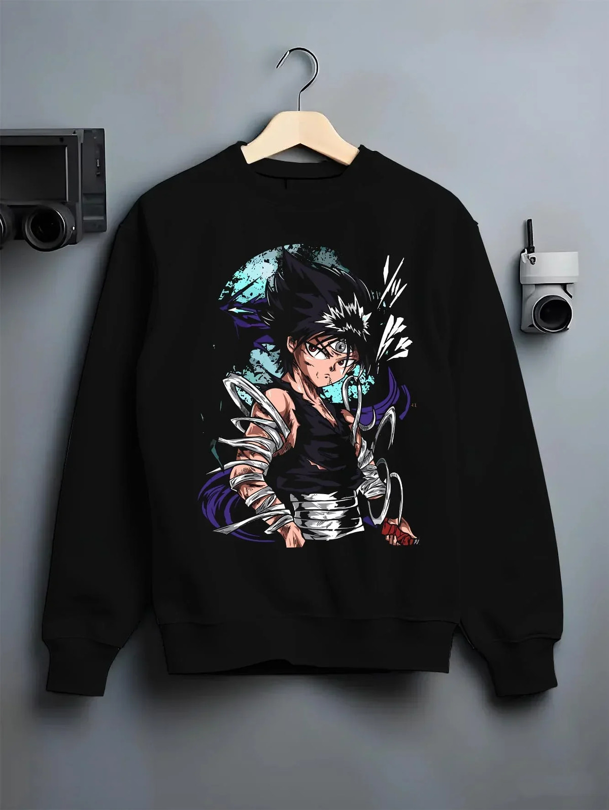 Black crewneck sweatshirt on hanger with Yu Yu Hakusho Hoodie Hiei Dark Dragon Jumper graphic streetwear graphic.