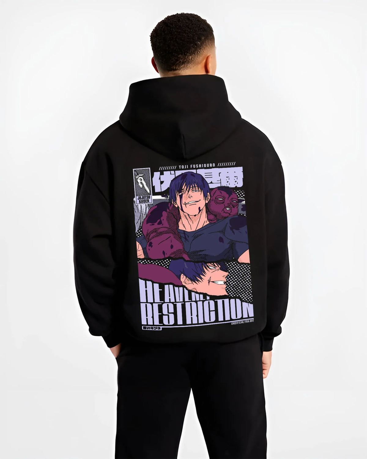 Black hoodie model back view showing Hiromi Higuruma from Jujutsu Kaisen: legal drama courtroom poster