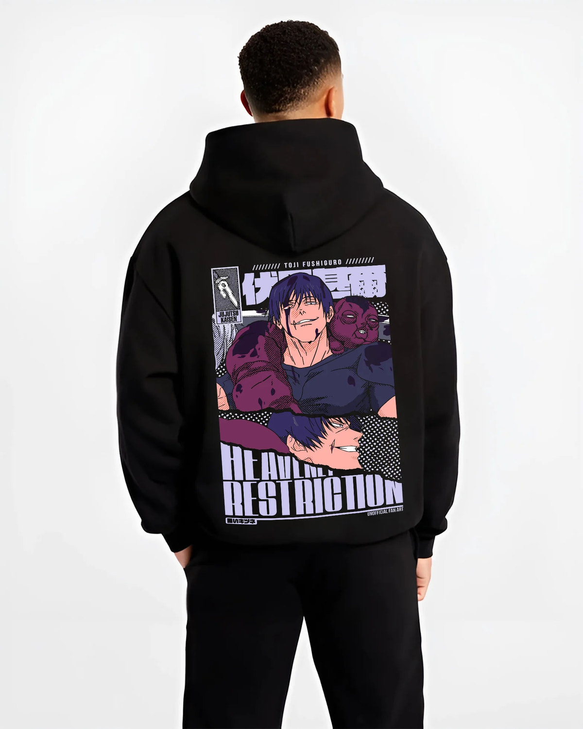Black hoodie model back view showing Hiromi Higuruma from Jujutsu Kaisen: legal drama courtroom poster