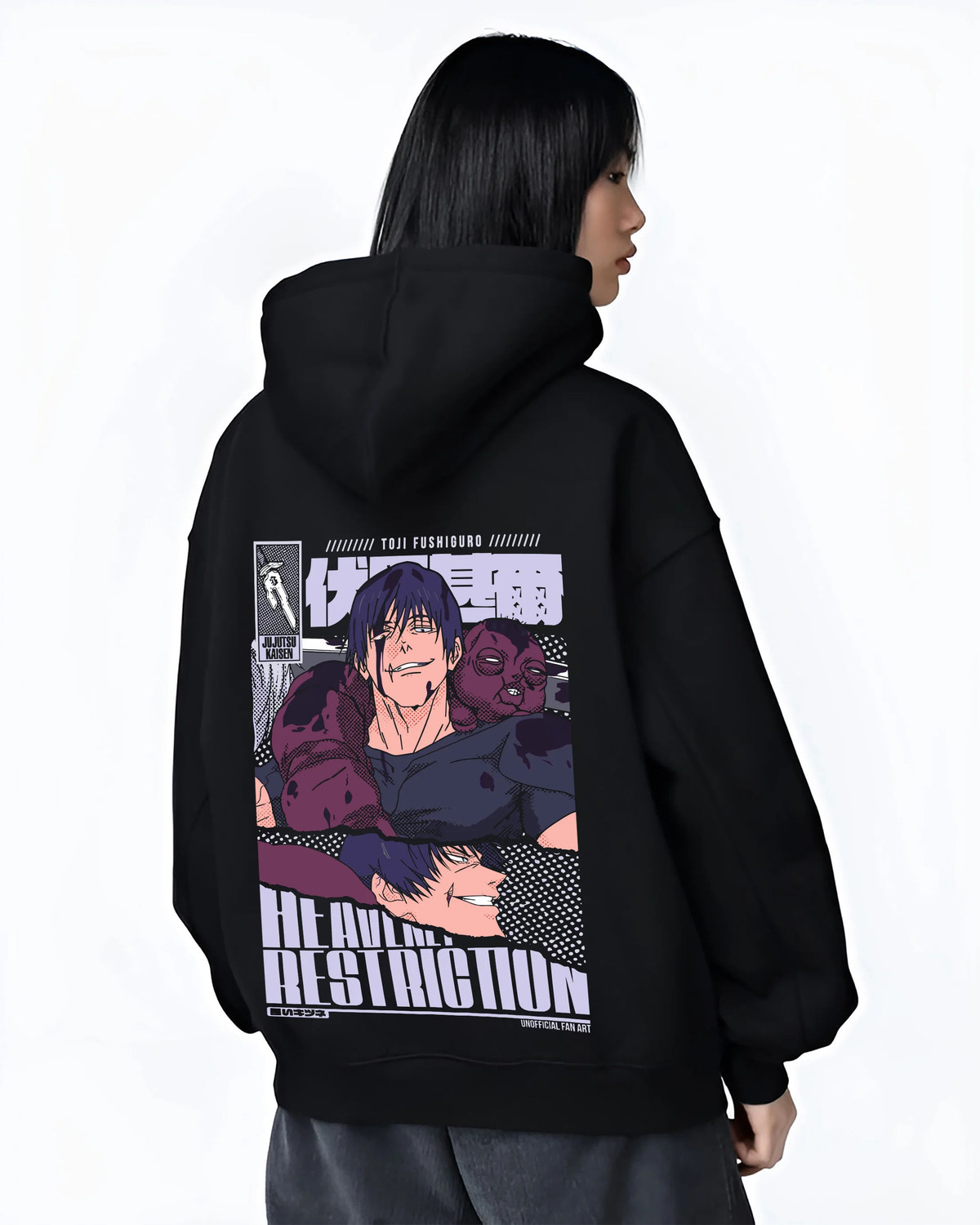Black hoodie female model back view showing Hiromi Higuruma from Jujutsu Kaisen: legal drama courtroom poster