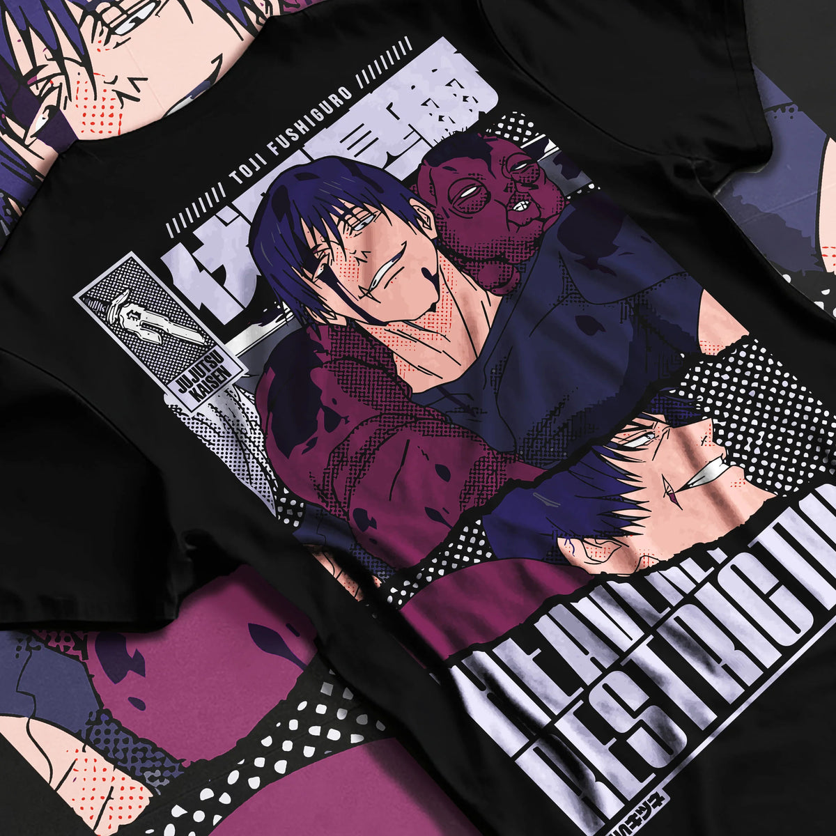 Black T-shirt flat back view showing Hiromi Higuruma from Jujutsu Kaisen: legal drama courtroom poster