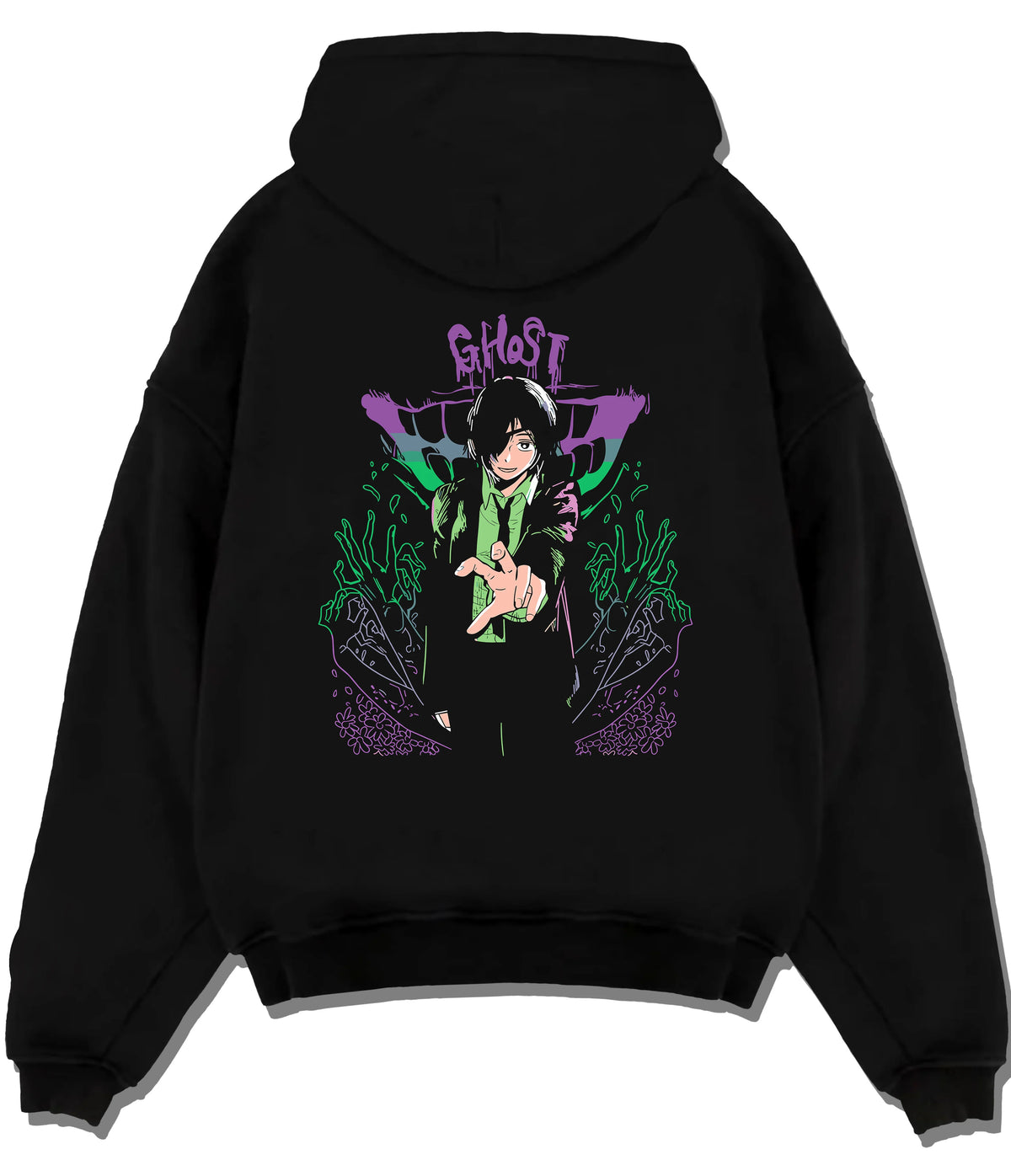 Black hoodie flat back view showing Himeno from Chainsaw Man: Chainsaw Man Ghost Devil motif