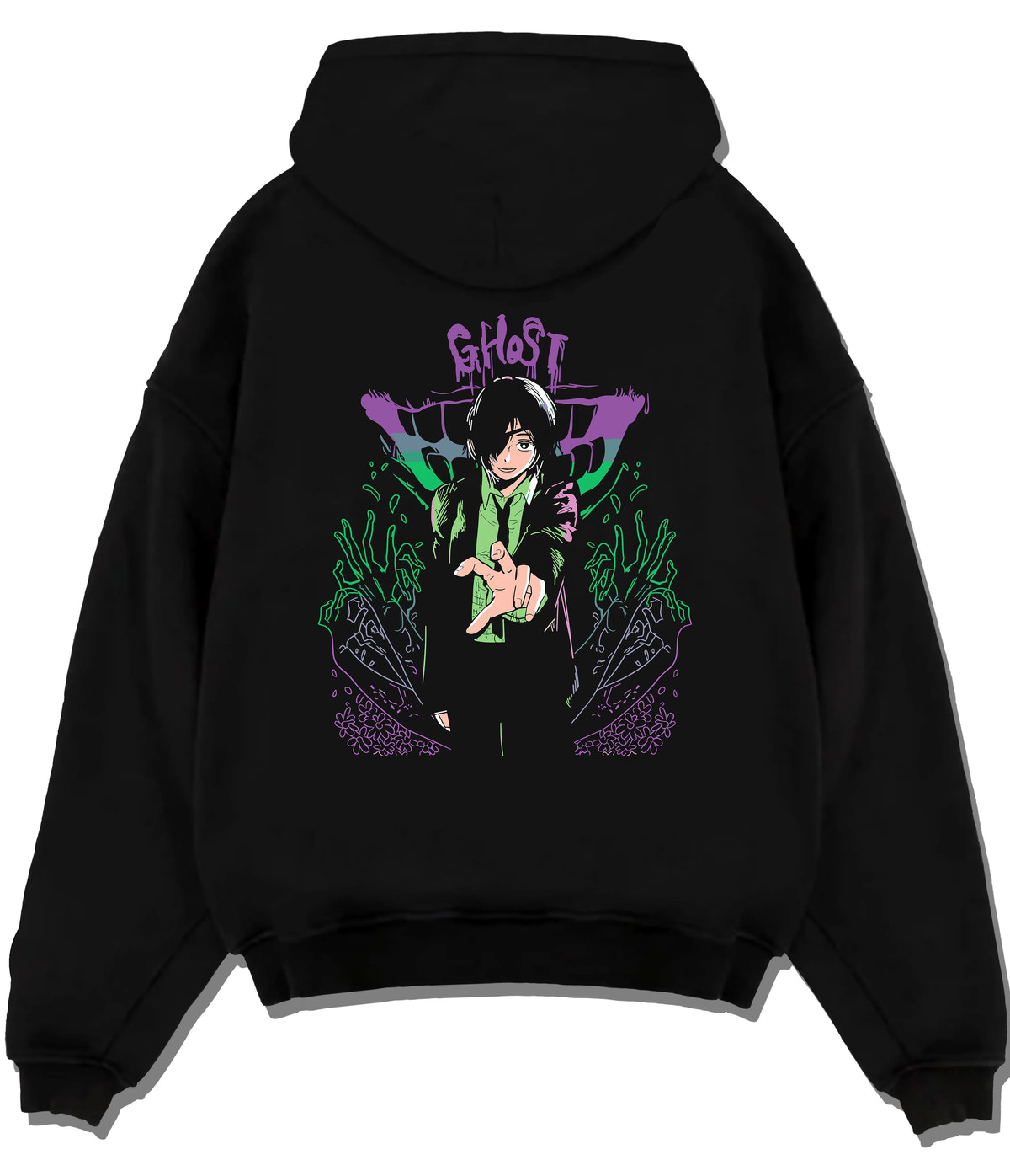 Black hoodie flat back view showing Himeno from Chainsaw Man: Chainsaw Man Ghost Devil motif