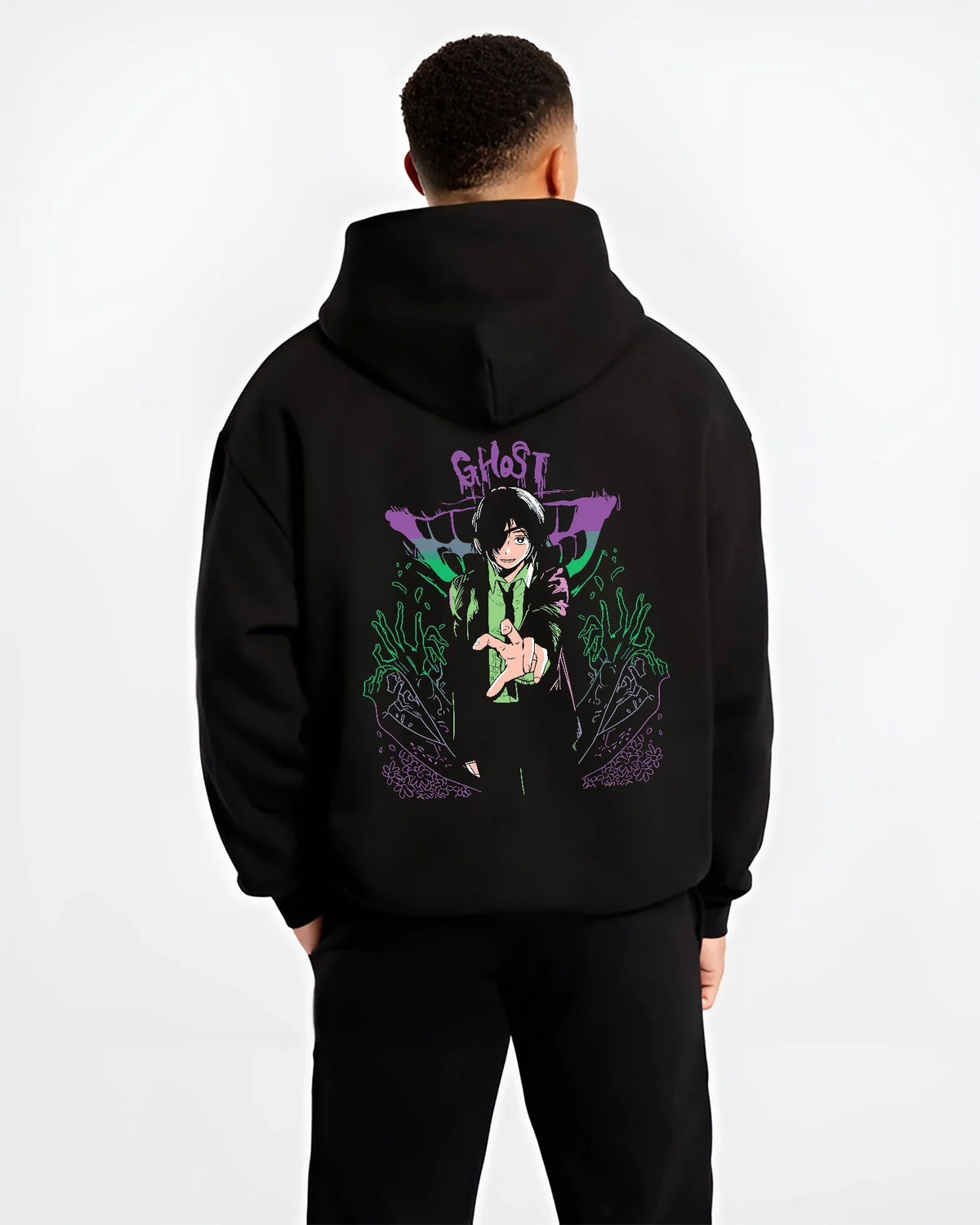 Black hoodie model back view showing Himeno from Chainsaw Man: Chainsaw Man Ghost Devil motif