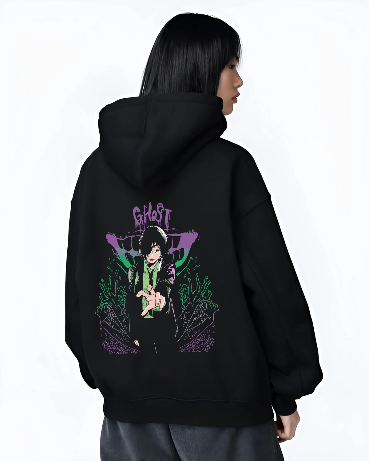 Black hoodie female model back view showing Himeno from Chainsaw Man: Chainsaw Man Ghost Devil motif