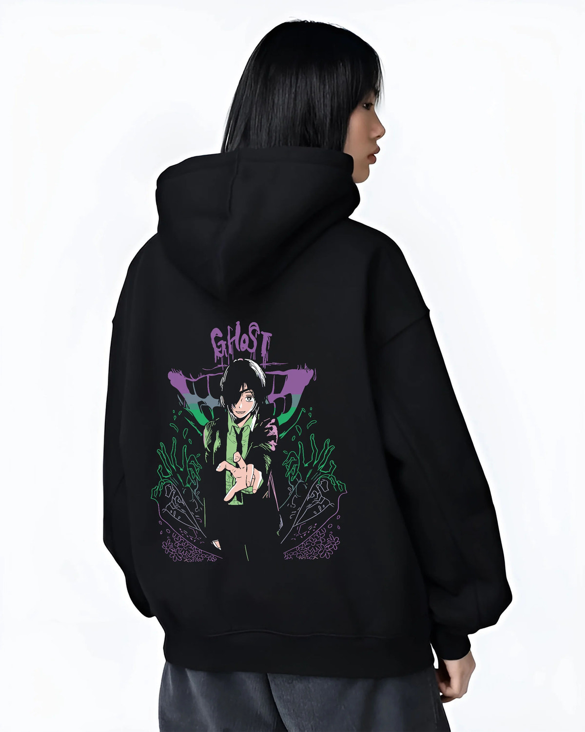 Black hoodie female model back view showing Himeno from Chainsaw Man: Chainsaw Man Ghost Devil motif