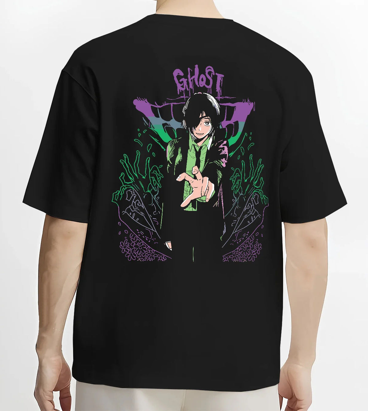 Black T-shirt model back view showing Himeno from Chainsaw Man: Chainsaw Man Ghost Devil motif