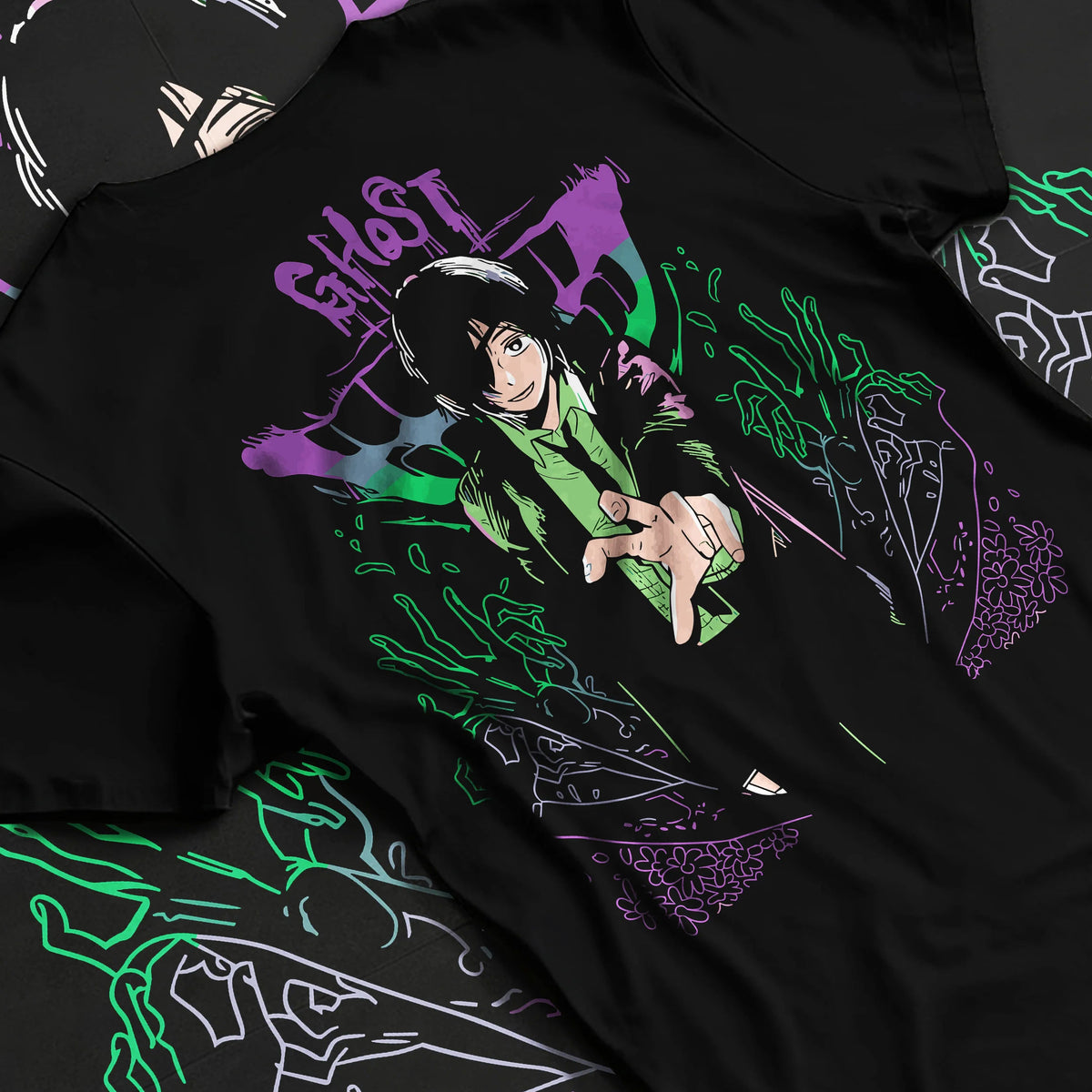 Black T-shirt flat back view showing Himeno from Chainsaw Man: Chainsaw Man Ghost Devil motif