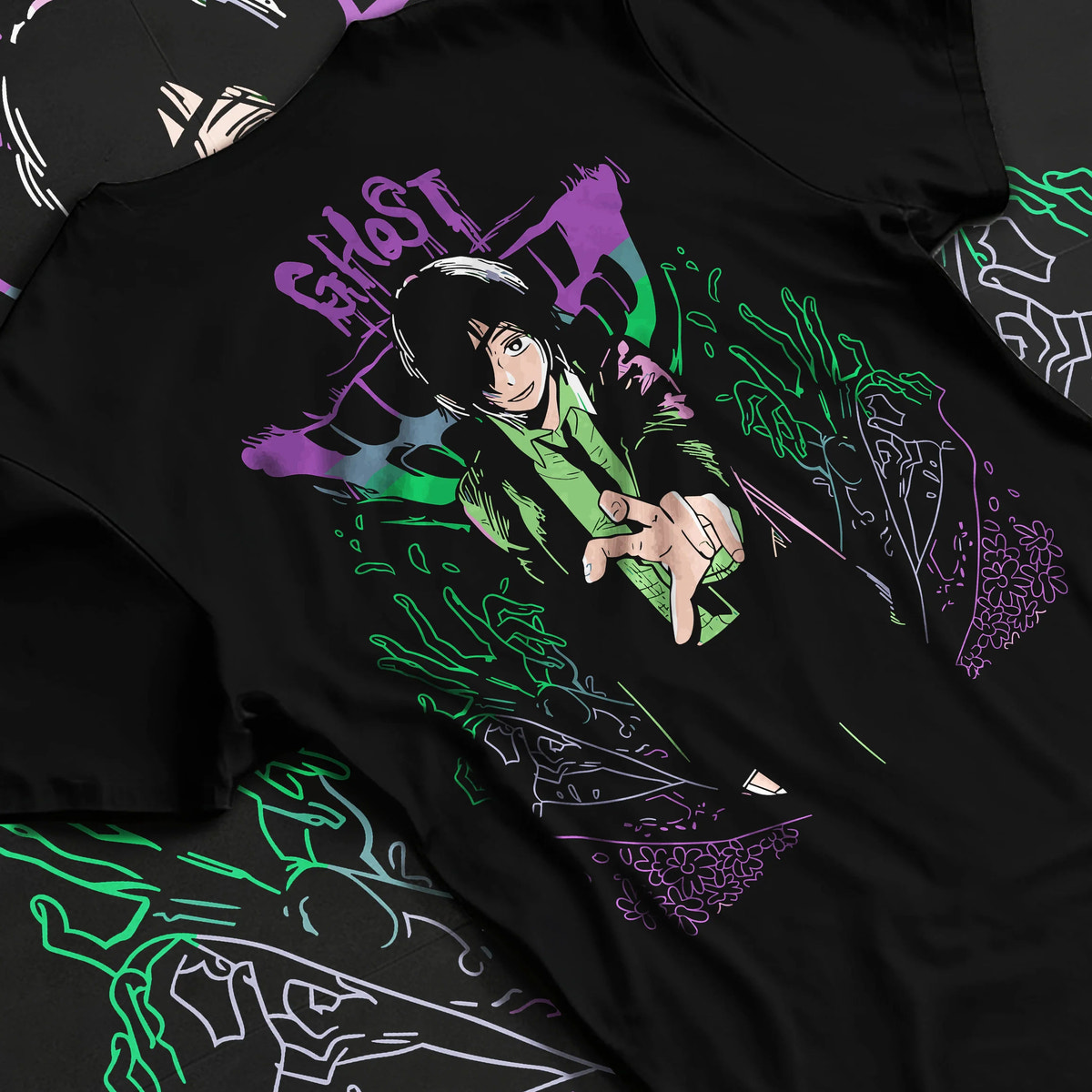 Black T-shirt flat back view showing Himeno from Chainsaw Man: Chainsaw Man Ghost Devil motif